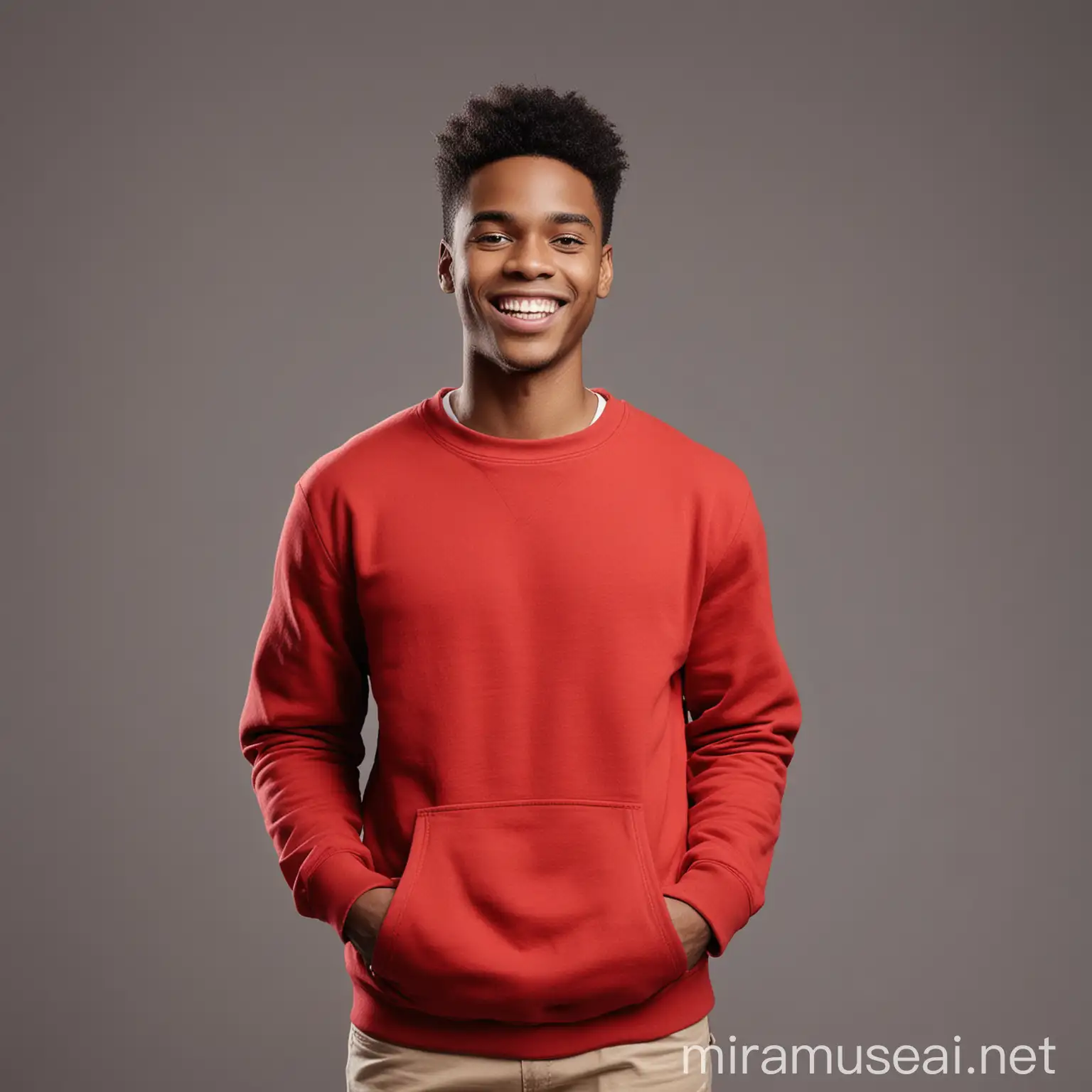 handsome African American young man , putting on red sweatshirt , cheerfully smiling at camera , standing straight with hands in pockets,against gray background space , facing camera