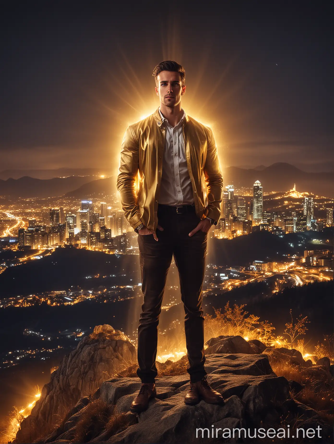A handsome man surrounded by magical golden luminous light while standing on a mountain with light surrounding him, with a skyscraper behind him at midnight