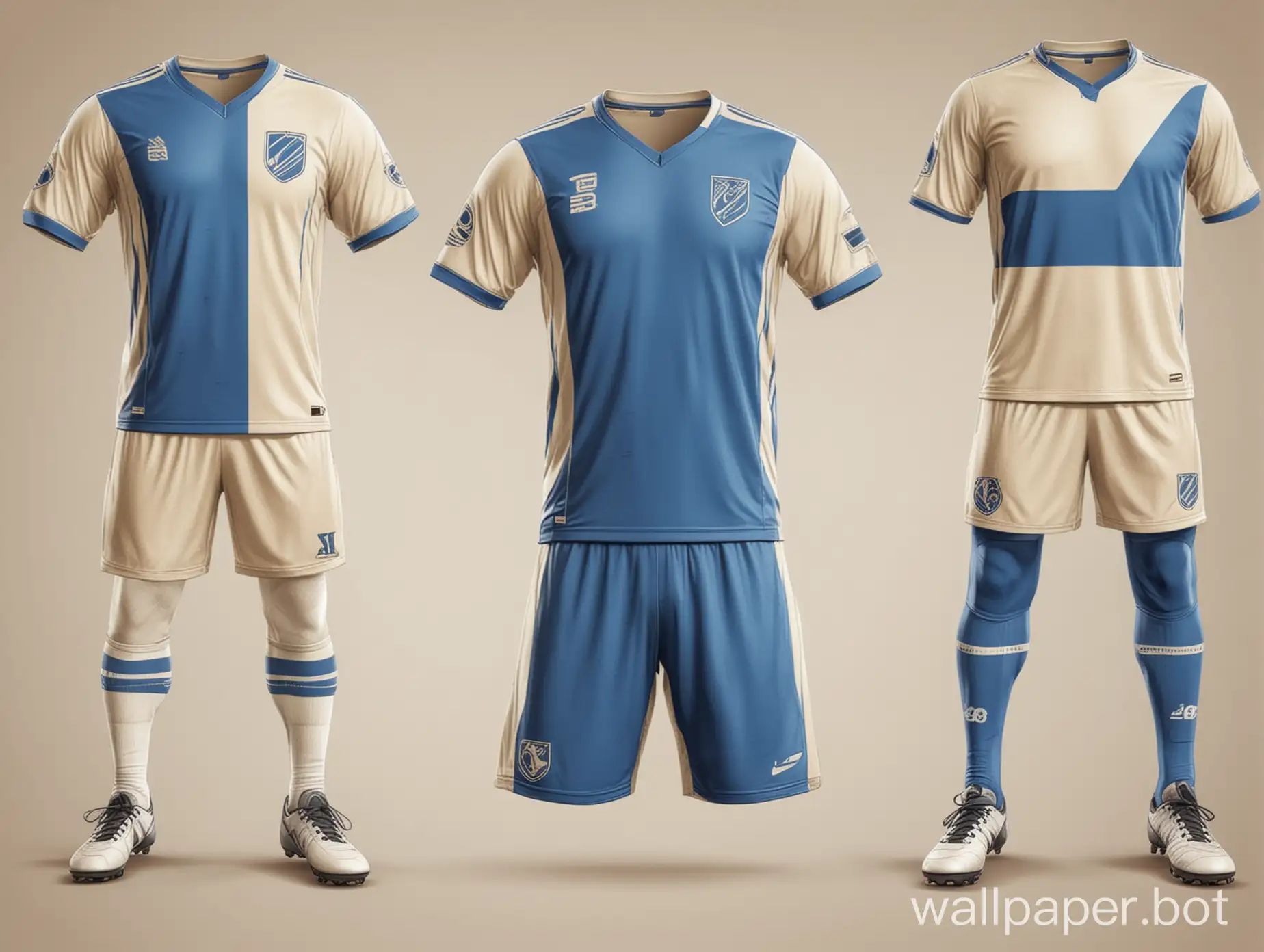 The soccer uniform is blue-beige with wide diagonal stripes white background sketch form concept 16K
