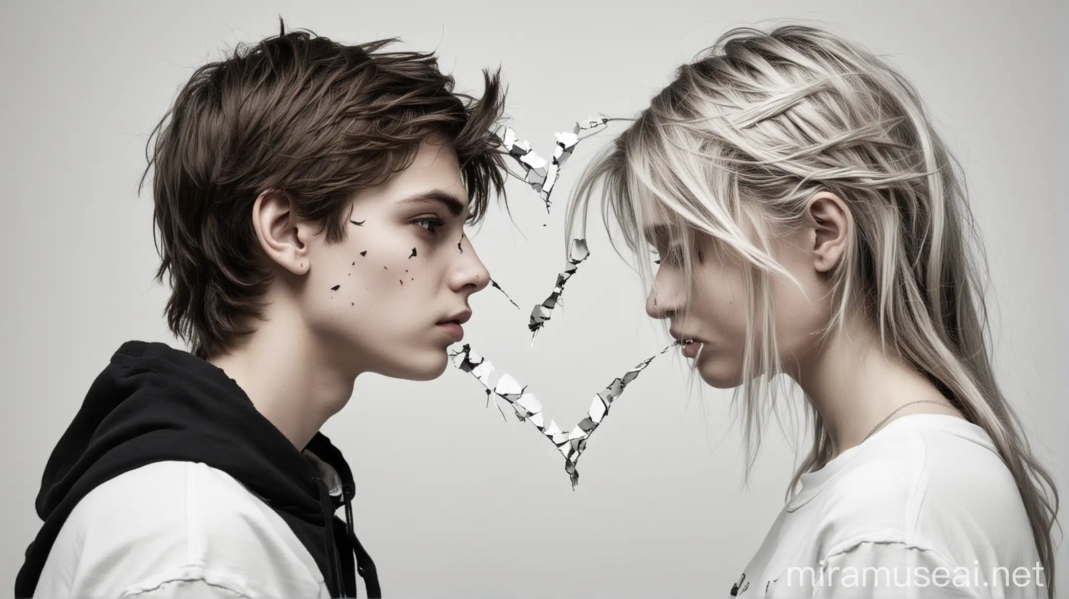 teenage boy and girl, broken love, white-black color, white color background