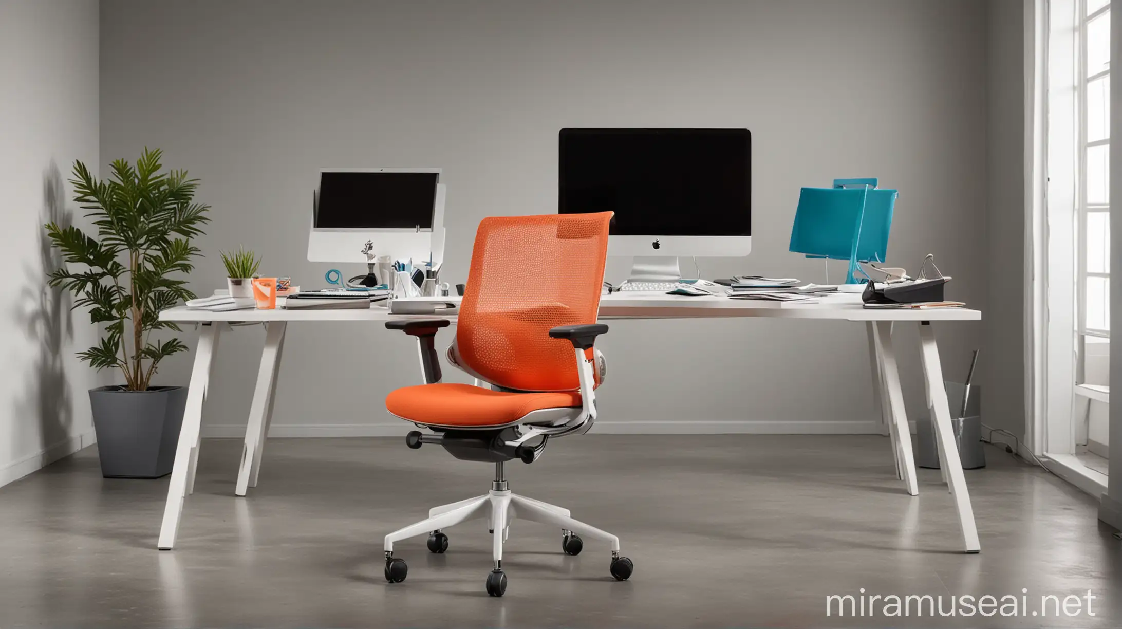 Ambiente de escritório, descontraido, cadeira ergonômica elegante, colorido, jovem, engraçado, moderno