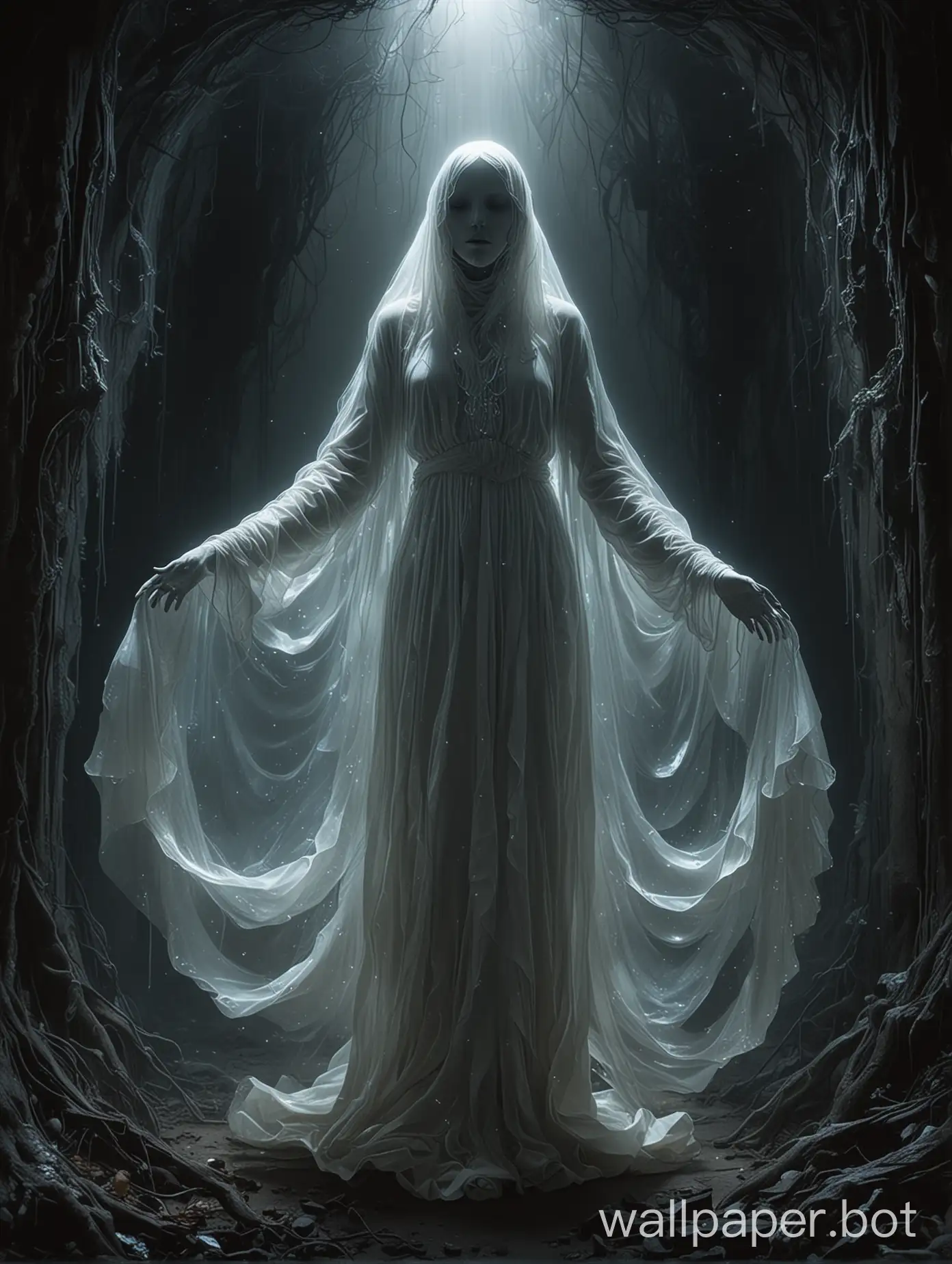 Within the confines of a hauntingly ethereal realm, a spectral being,  and endowed, hovers in the luminous abyss. This mesmerizing figure is a phantom-like being composed of shapes and shades that defy definition, their form shifting and undulating in a never-ending dance of light and shadow. The image is a hyper-realistic digital painting, meticulously rendered with startling detail and depth. Every pixel seems to pulsate with an otherworldly energy, drawing viewers into a trance-like state as they contemplate the enigmatic presence before them. This ghostly apparition is a masterful blend of artistry and mystique, a true testament to the power of imagination and creativity in the world of virtual art.