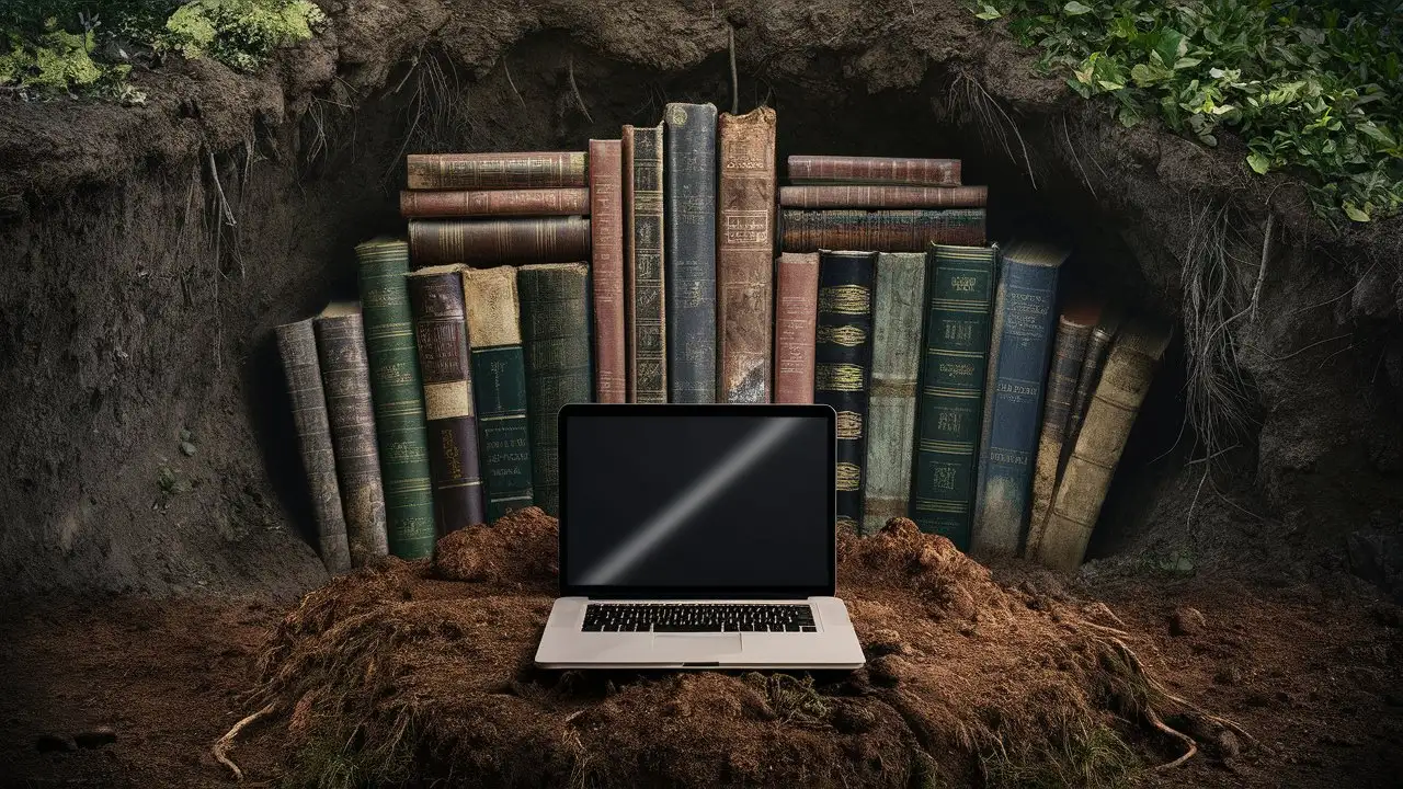 Laptop and Books Emerging from Earth Digital and Analog Knowledge Unearthed