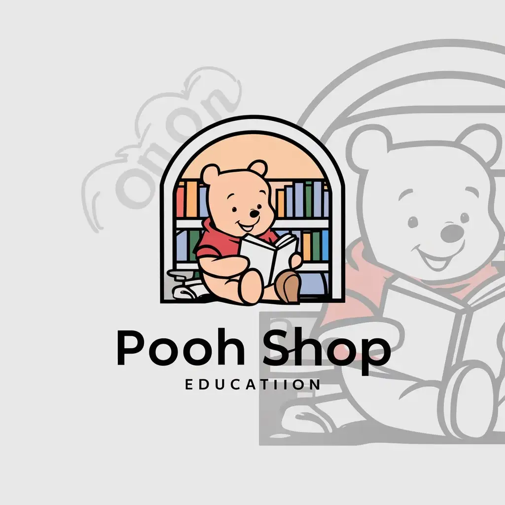 a logo design,with the text "Pooh Shop", main symbol:cute Winnie the pooh read book in library,Moderate,be used in Education industry,clear background