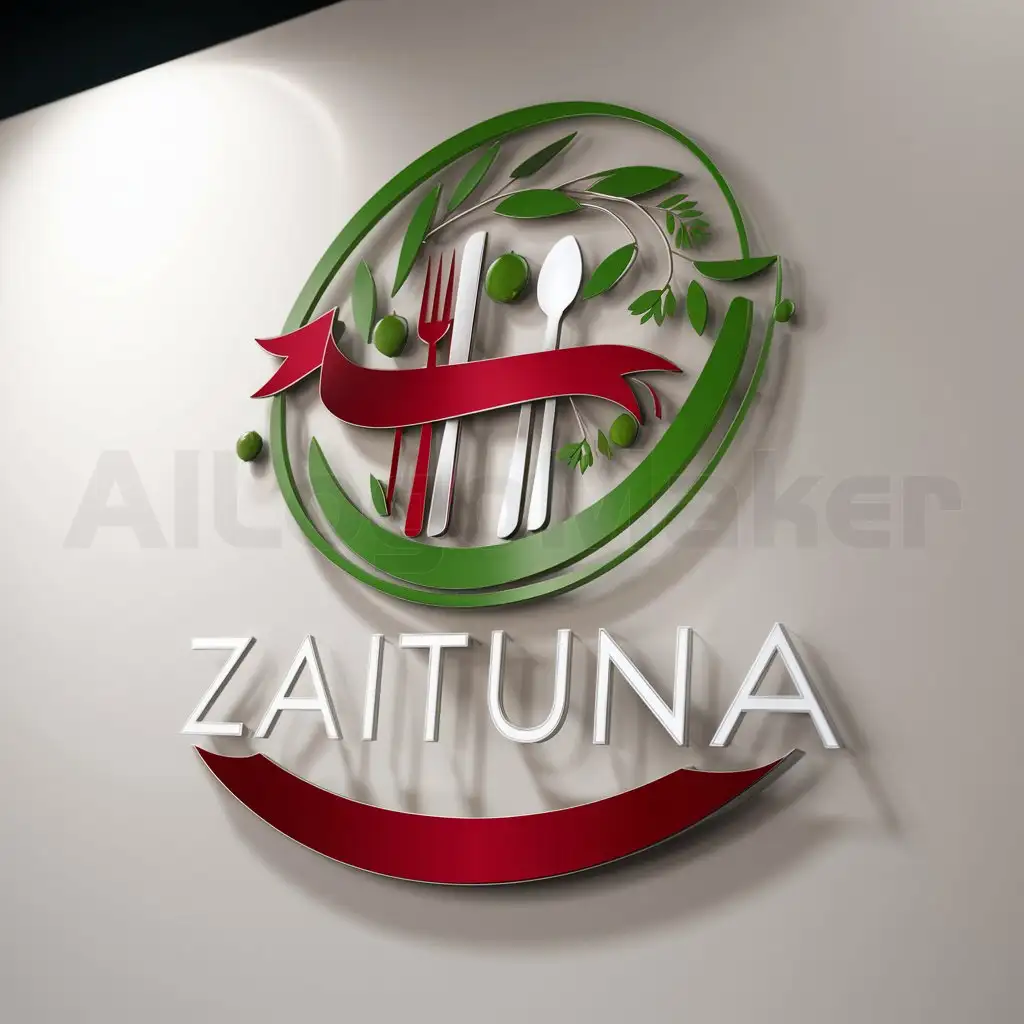 LOGO-Design-For-ZAITUNA-Vibrant-Green-Circle-with-Olive-Tree-and-Red-Utensils