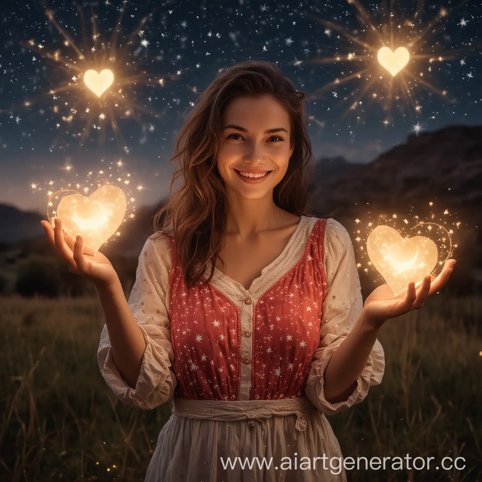 Изображение улыбающейся женщины, держащей в руках светящиеся сердечки. За её спиной мягко светится пейзаж с звёздами и луной.