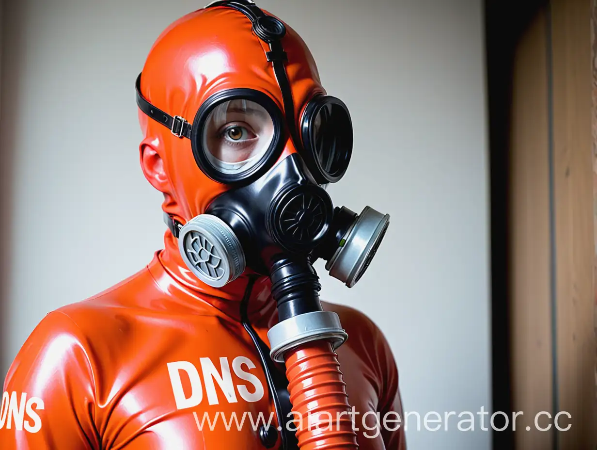 Mysterious-Figure-in-Red-Latex-Suit-with-DNS-Forehead-Inscription-and-Cock-Gas-Mask-Filter