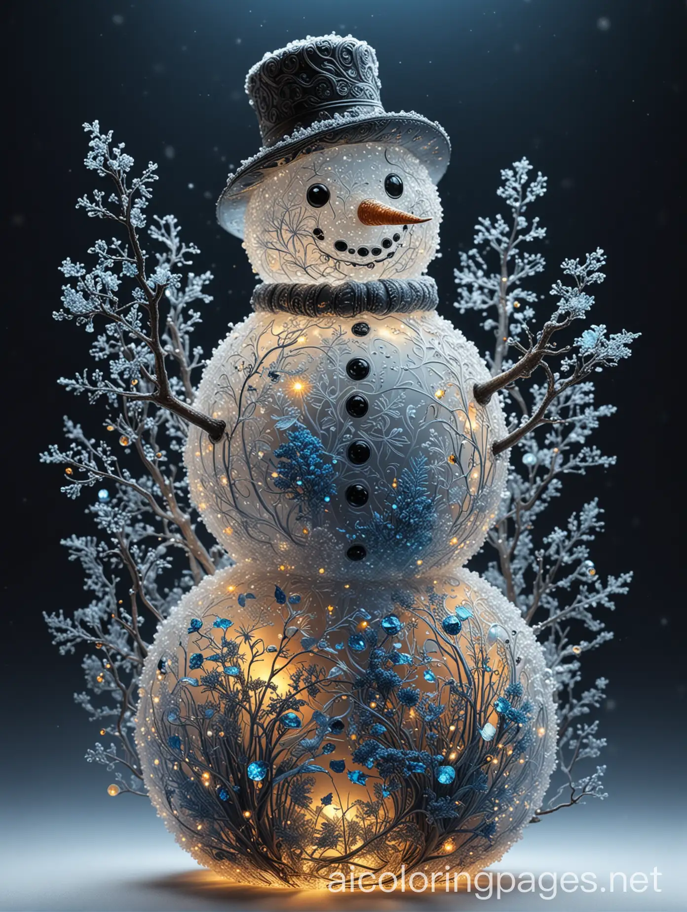 transparent glass snowman filled with bioluminescent plants, : luminous, opalescent, Insanely detailed beautiful snowman  : meticulously detailed filigree  extreme contrast and saturation : starry galactic night sky background : magical fantasy artwork : ultra high quality : dramatic lighting : extreme contrast : rule of thirds : HDR : photorealistic : florescent light, Coloring Page, black and white, line art, white background, Simplicity, Ample White Space. The background of the coloring page is plain white to make it easy for young children to color within the lines. The outlines of all the subjects are easy to distinguish, making it simple for kids to color without too much difficulty