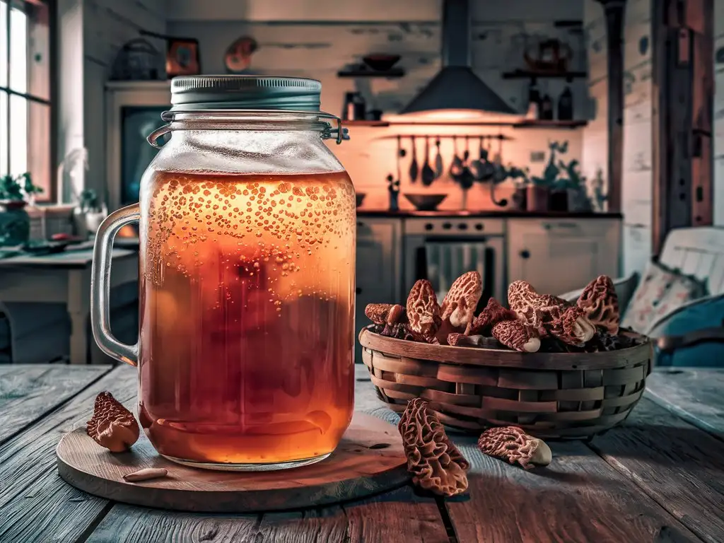 Kombucha in a three-liter jar, modern Russian kitchen, a basket of  morels on the table next to the jar, cottagecore aesthatics