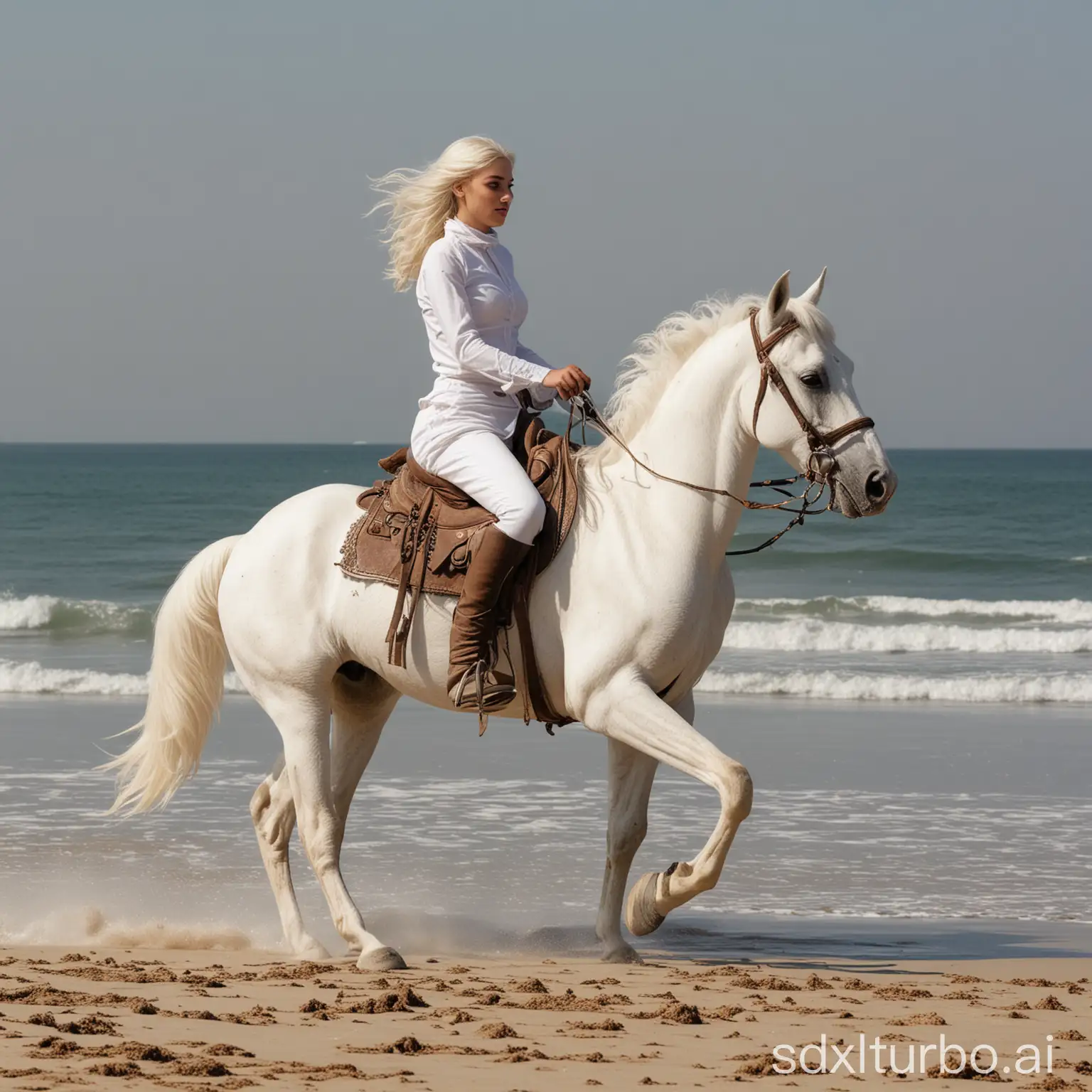 Wilde Reiterin auf weissem Araber Schimmel am Sandstrand des aufgewühlten Meeres
