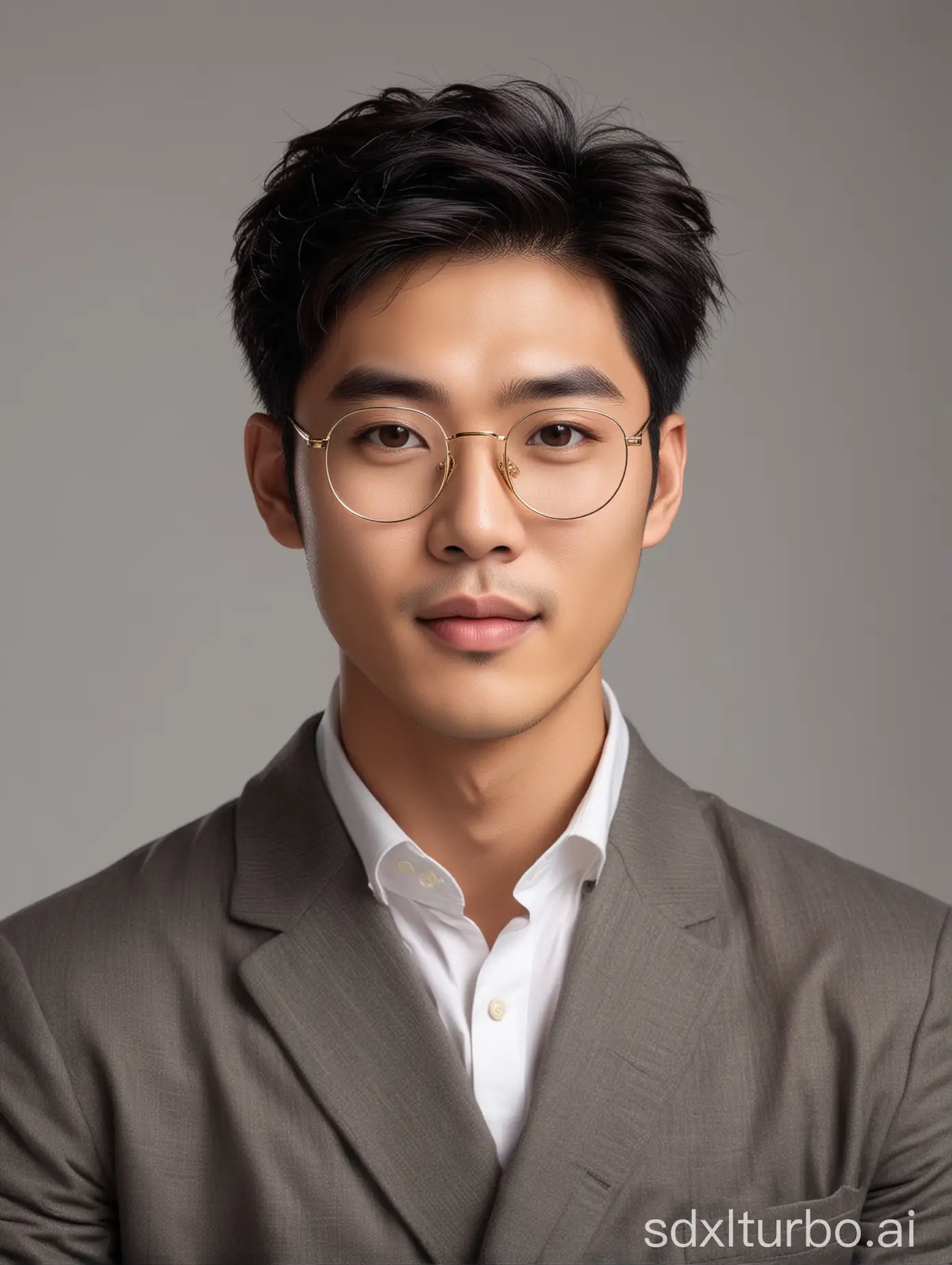 a photoshoot of a handsome Asian man aged 25 is posing for the camera, in the style of UHD image, wearing gold 'Davis' glasses, square face shape with a value of 10, short-cut hair color black, detailed facial features, Barbiecore, white clothes, hallyu, realistic yet romantic Asian-inspired, studio light, light silver and light brown, token by 28mm lens, 8k