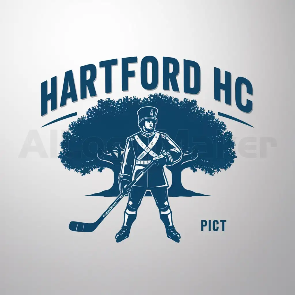 a logo design,with the text "Hartford HC", main symbol:Colonial soldier holding a hockey stick standing in front of a giant oak tree,Moderate,be used in Sports Fitness industry,clear background