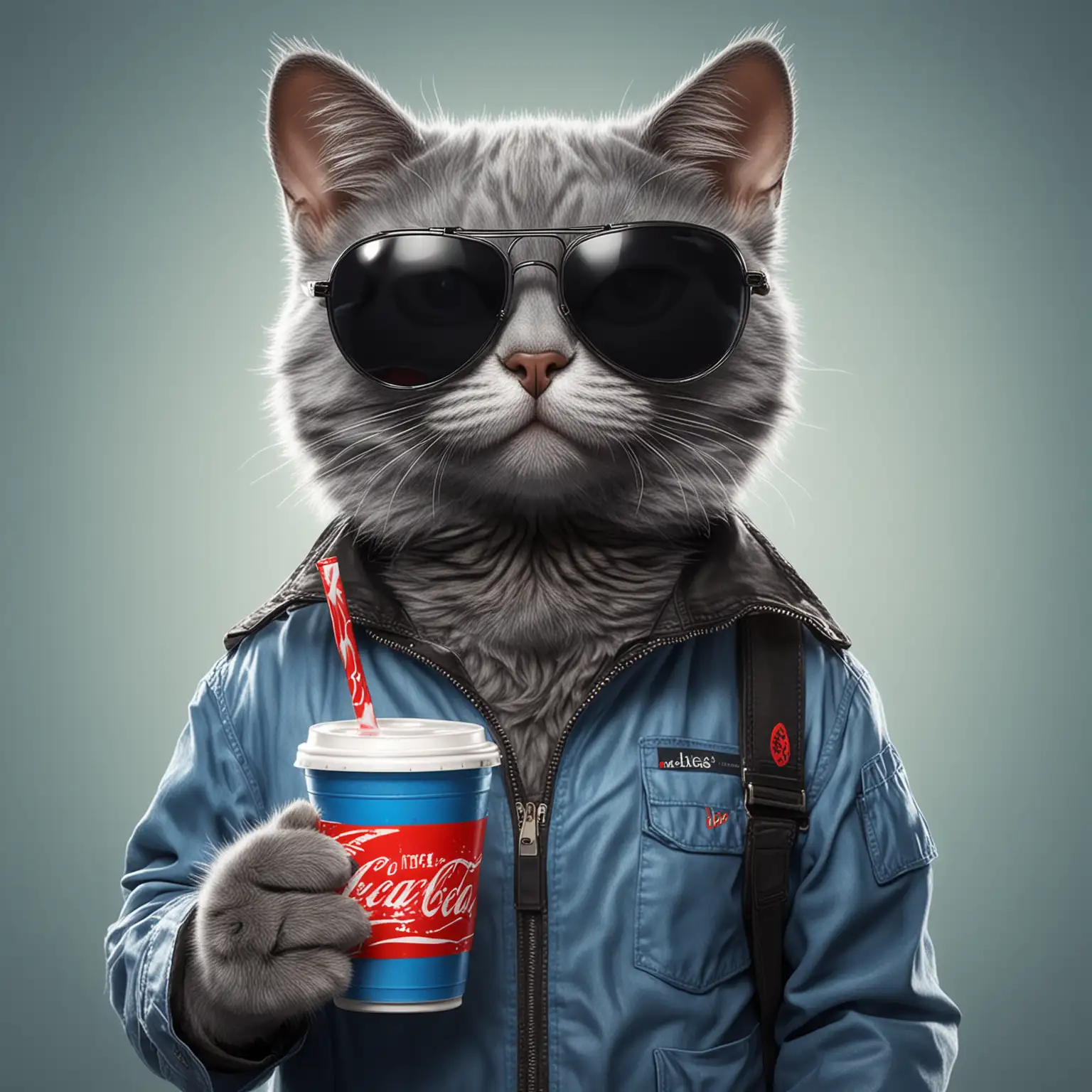 Blue cat with black aviator sunglasses , Holding a cup of cola, REALISTIC style