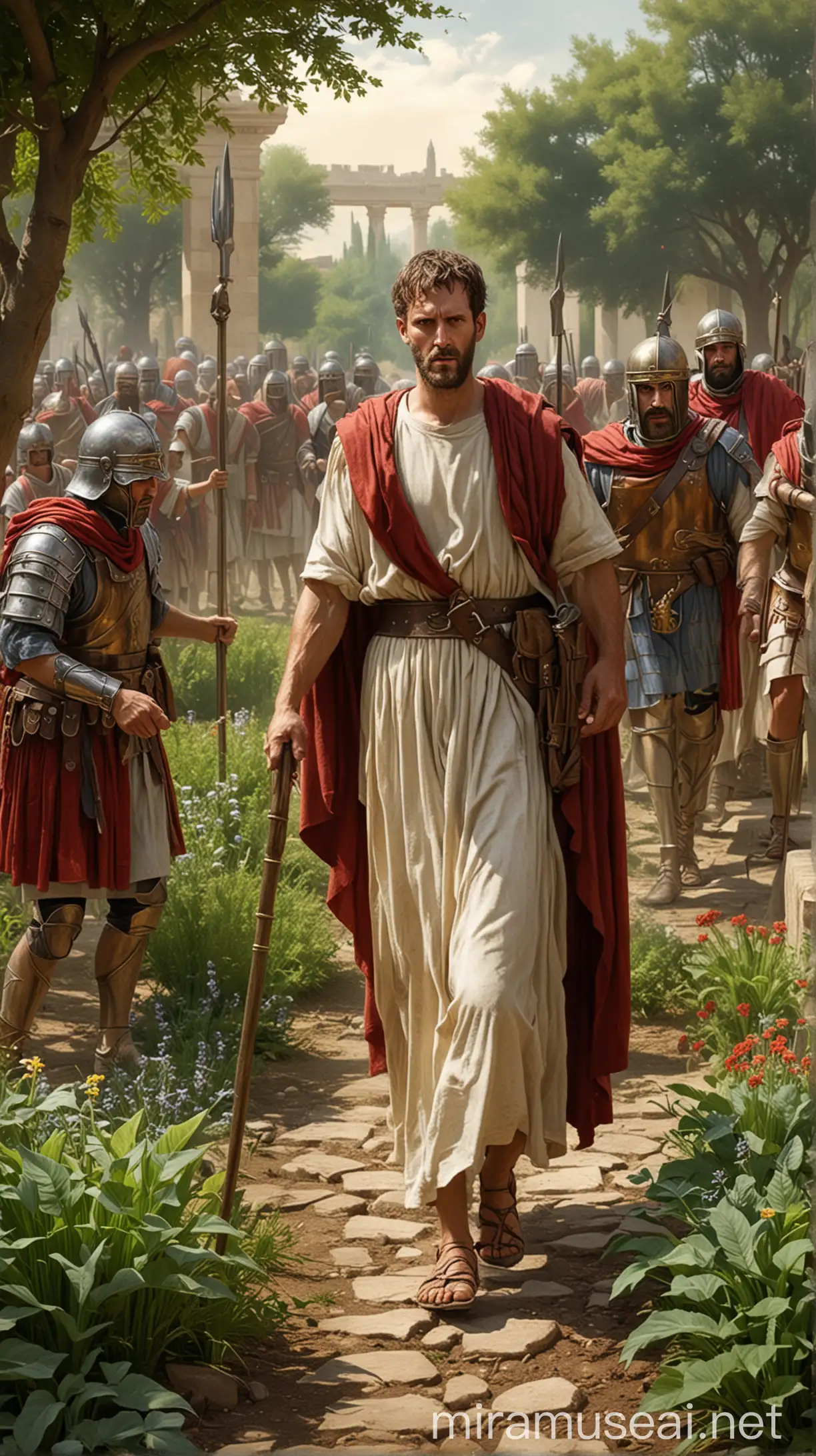 Illustrate Malchus, a servant of the High Priest, accompanying armed Roman soldier and Temple guards to apprehend Jesus in the garden.In ancient world 