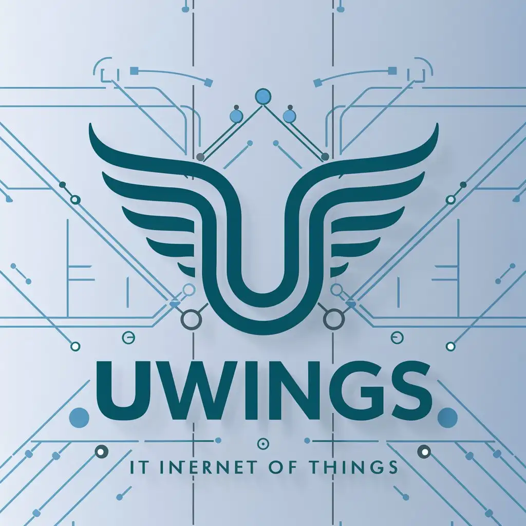 a logo design,with the text "U", main symbol:the titel is 'uwings' mean your wings to help grow up,  industry IOT, use Sky blue color theme and  everything connection,Moderate,be used in Technology industry,clear background