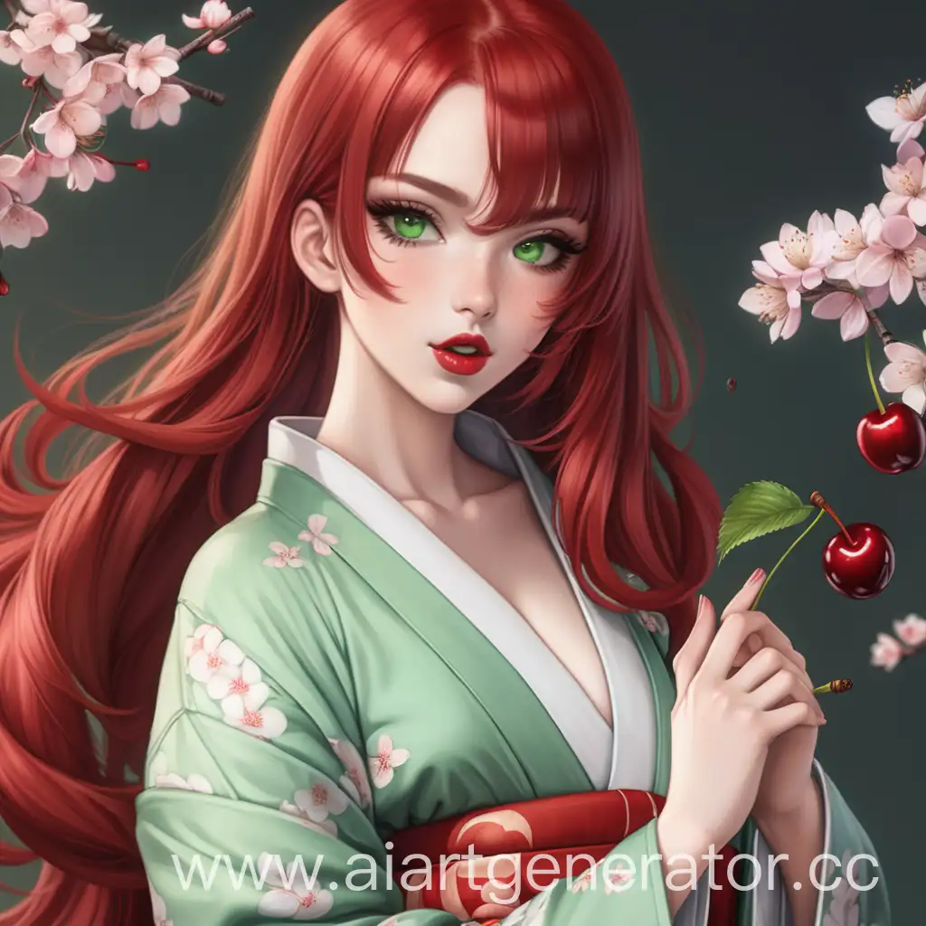 Seductive-RedHaired-Woman-in-Kimono-with-Cherry