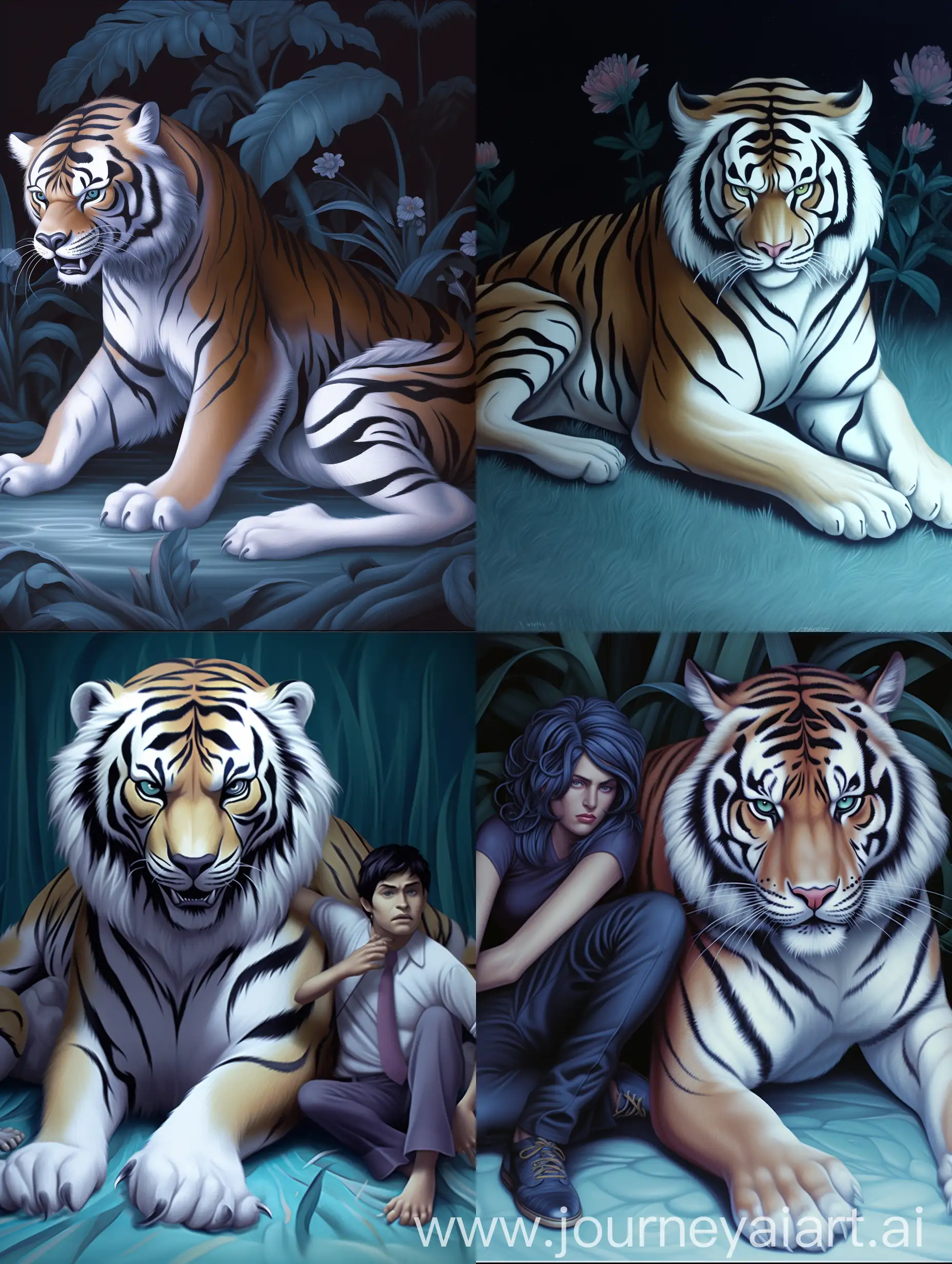 Dreamlike-Encounter-Model-Resting-Near-a-Tiger-with-Blue-Hair