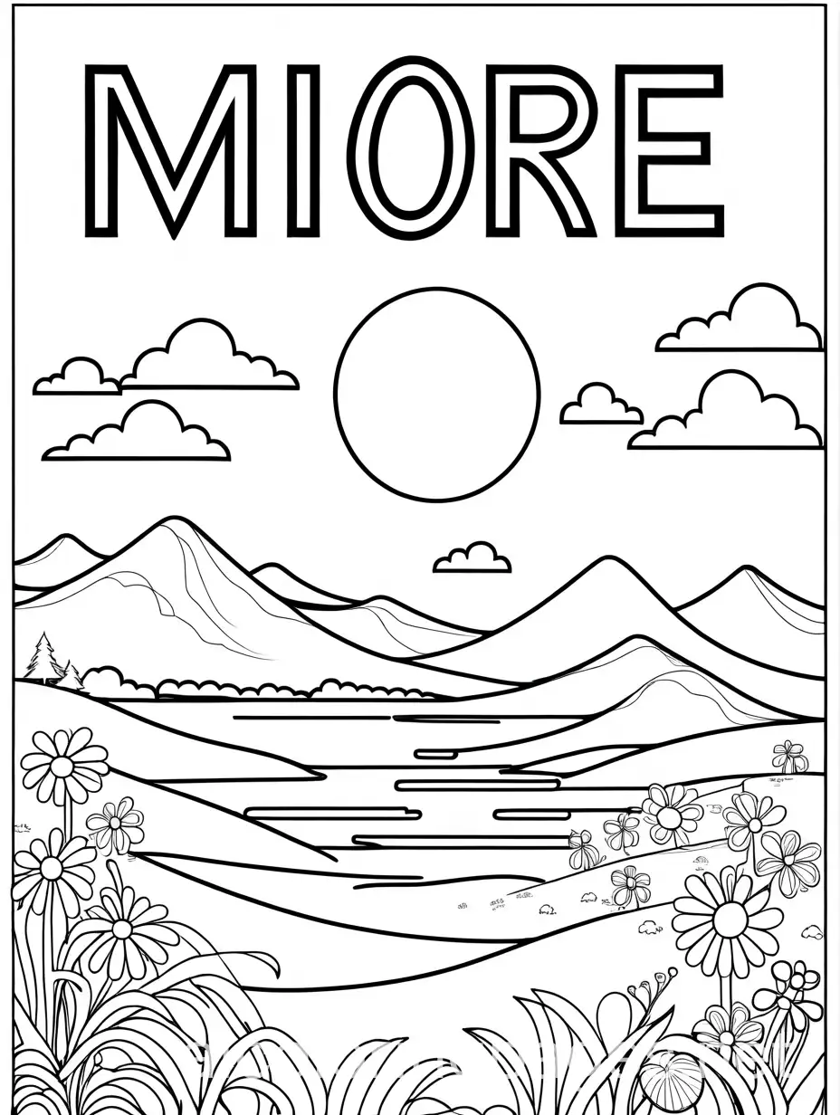 the word more, Coloring Page, black and white, line art, white background, Simplicity, Ample White Space. The background of the coloring page is plain white to make it easy for young children to color within the lines. The outlines of all the subjects are easy to distinguish, making it simple for kids to color without too much difficulty