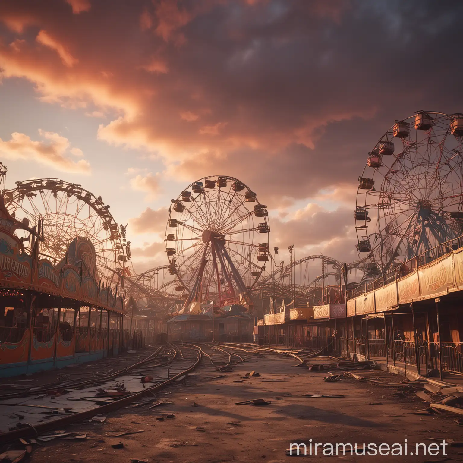 An abandoned and decrepit carnival with a lot of complex rides. Rollercoasters as far as the eye can see. No people visible. Misty background during a sunset with colorful cirrocumulus clouds. Hyper realistic. Stylized. Muted Color. Dramatic Light. Misty. Nostalgic. Shallow Depth of Field. Science Fiction.