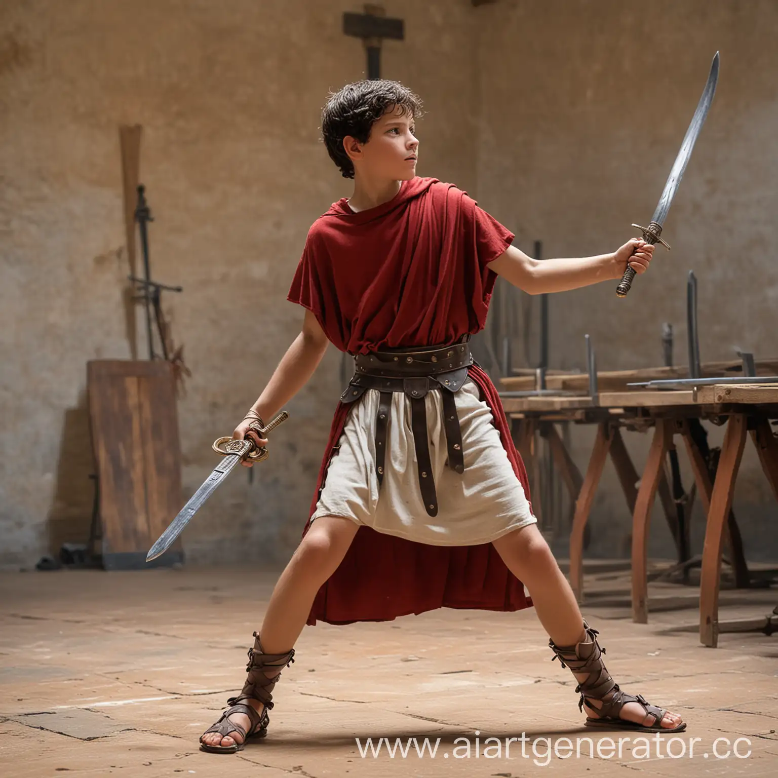древнеримский мальчик в школе на занятиях бой на мечах