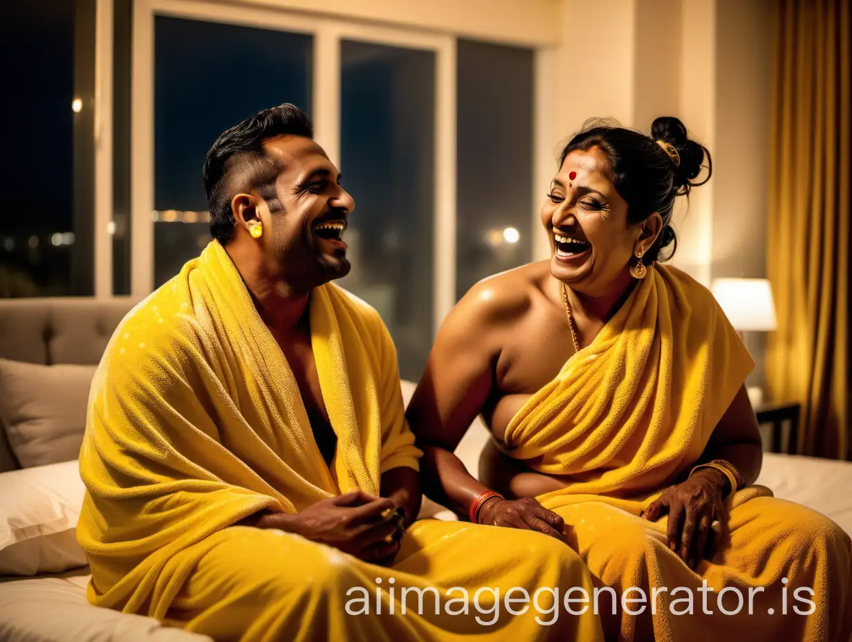 a 23 years indian muscular man is sitting with a 41 years indian mature fat woman wearing earrings and gold ornaments with gajra bun style. both are wearing wet neon gold bath towel and in a luxurious bedroom, and are happy and laughing. and a big dog is near them. they are in a big luxurious apartment. its a night time and lights are there. its raining. they are drinking fruit juice.