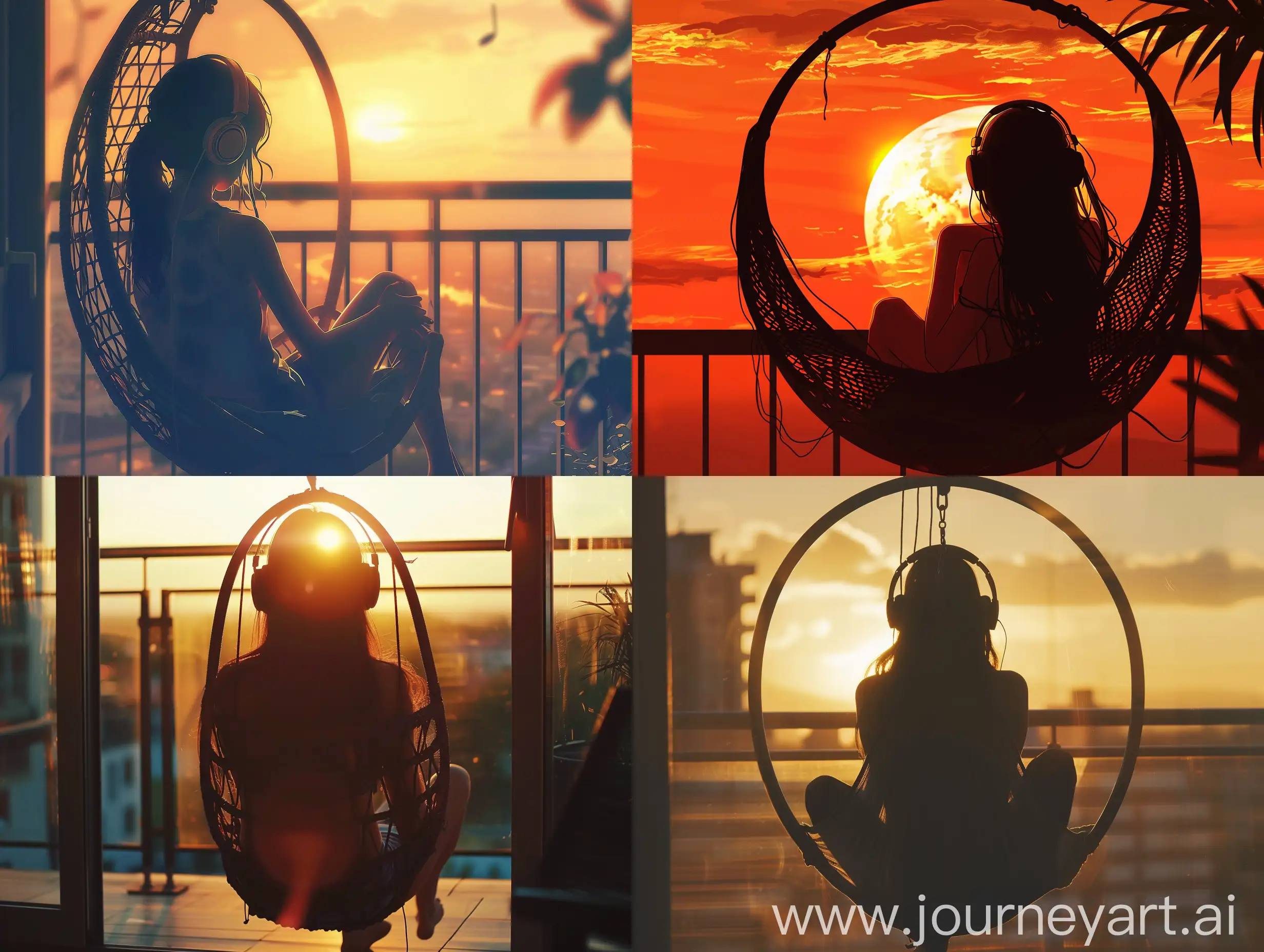 Silhouette-of-a-BlackHaired-Girl-Listening-to-Music-on-Balcony-Hanging-Chair-at-Sunset