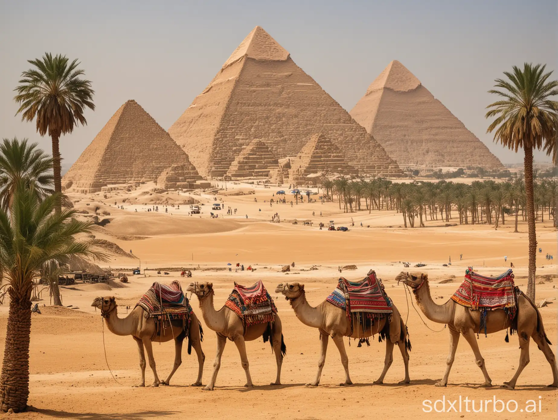 Background of the pyramids of Giza, in the foreground an oasis with palm trees and a camel caravan