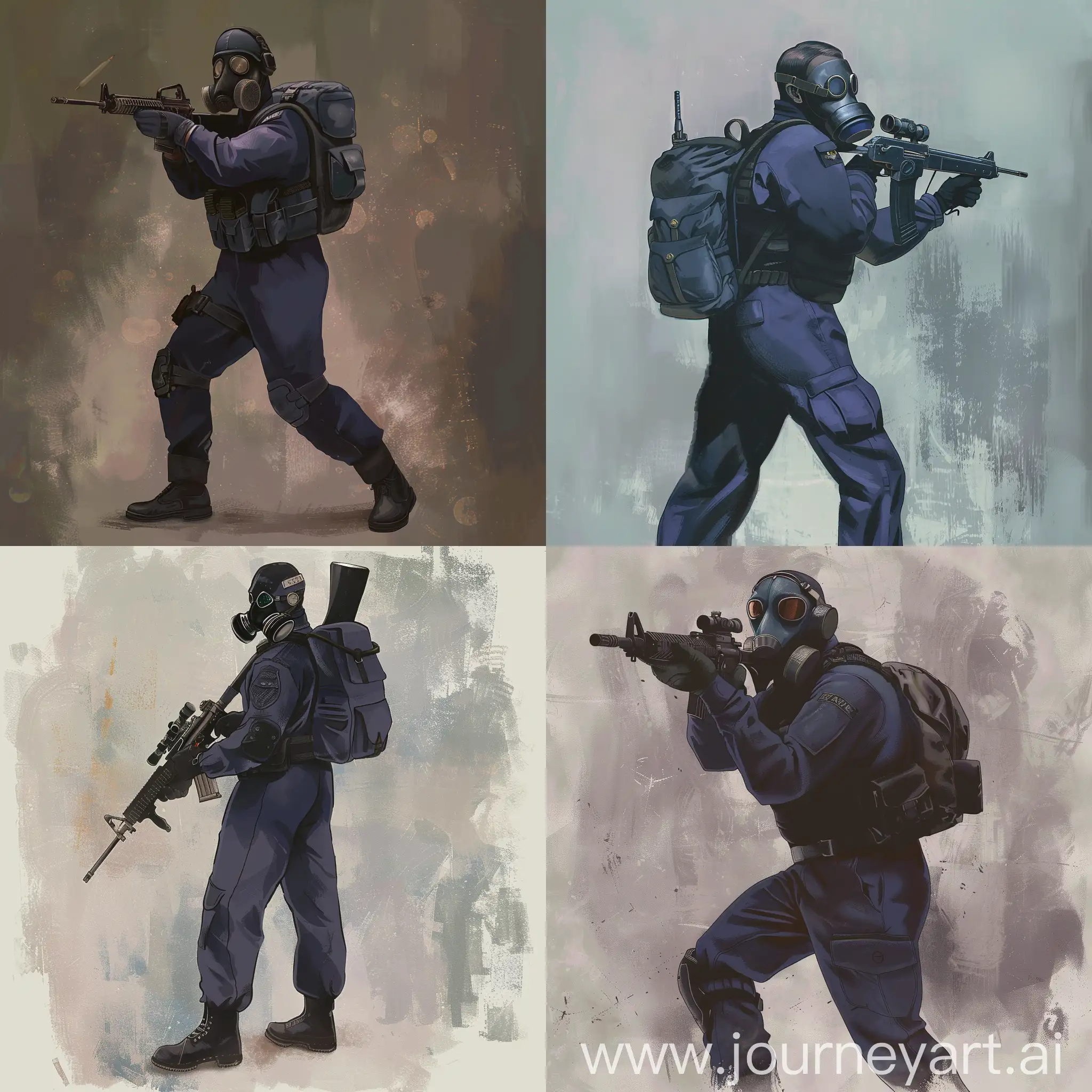 Concept art, 1978 year, SAS operator, dark purple military jumpsuit, gasmask on his face, small military backpack, military unloading on his body, sniper rifle in his hands.