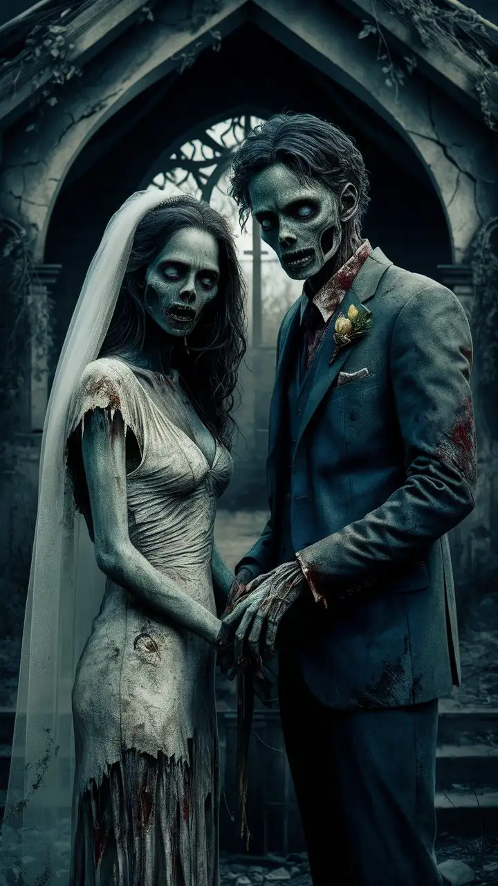 Realistic Zombie Bride and Groom Wedding Portrait