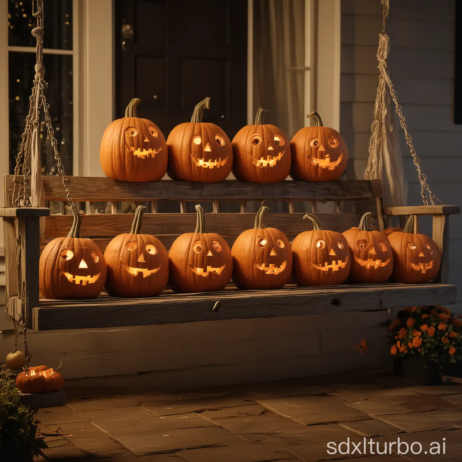 A group of pumpkins with varying sizes and faces, enjoying a cozy night on a porch swing
