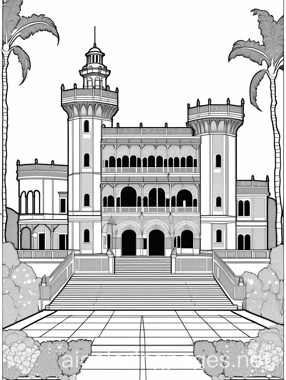 Hearst Castle, Coloring Page, black and white, line art, white background, Simplicity, Ample White Space. The background of the coloring page is plain white to make it easy for young children to color within the lines. The outlines of all the subjects are easy to distinguish, making it simple for kids to color without too much difficulty
