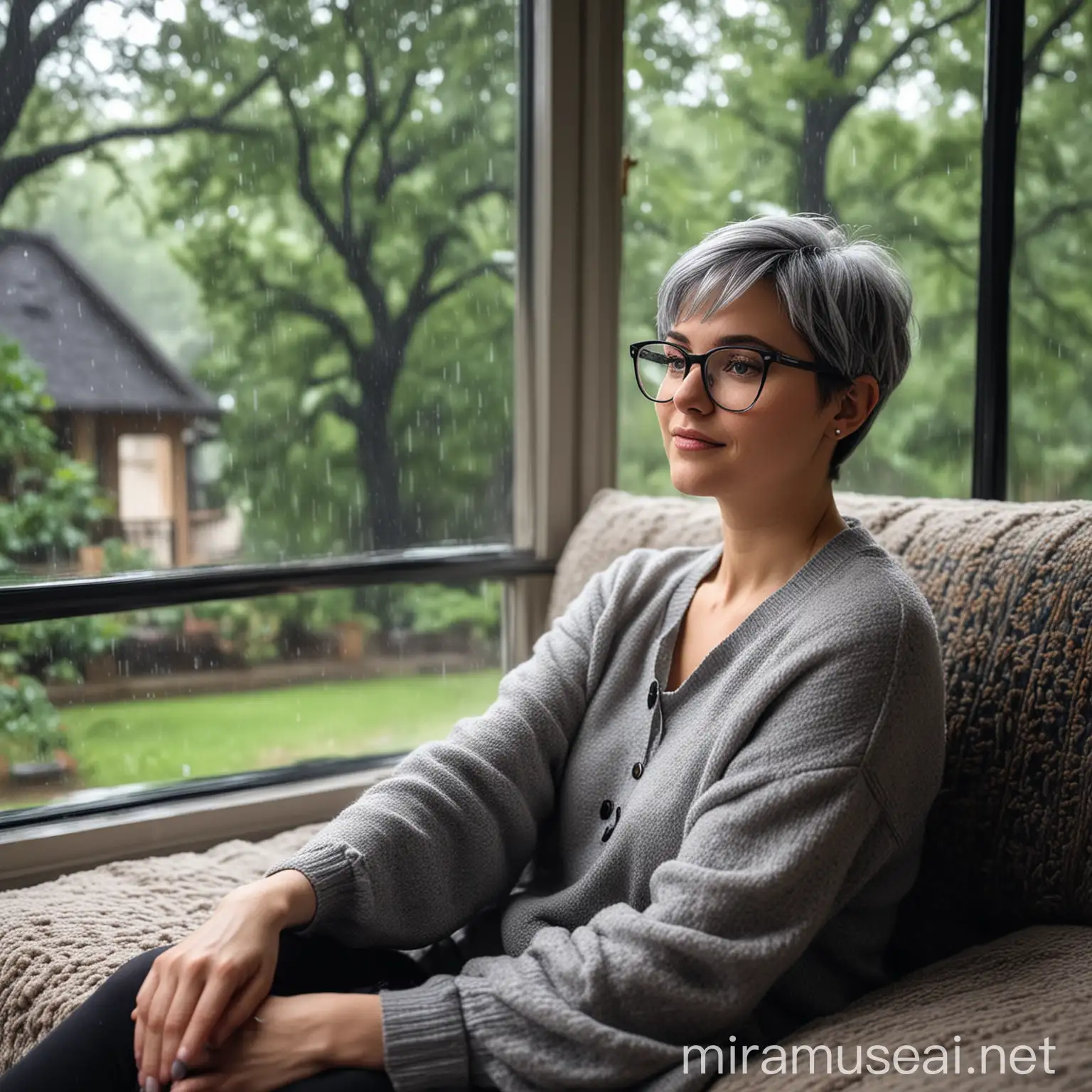 Relaxing Woman with Black and Silver Hair Enjoying Rainy Day in Cozy Cottage Setting