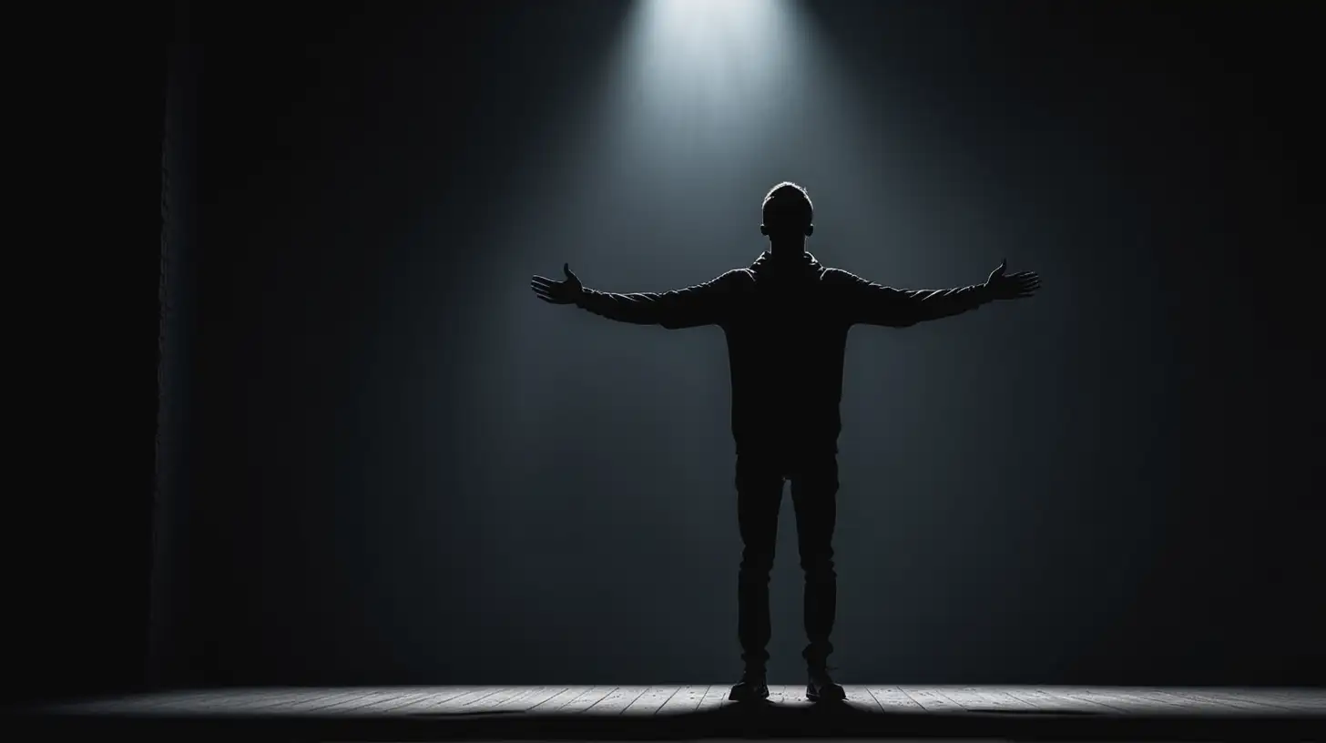 Silhouette of Person with Raised Hands in Dramatic Lighting