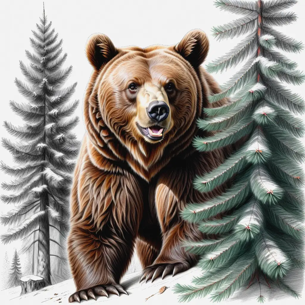 реалистичный рисунок в стиле карандашной графики детализированный красивый медведь у ели  на белом фоне с элементами природы