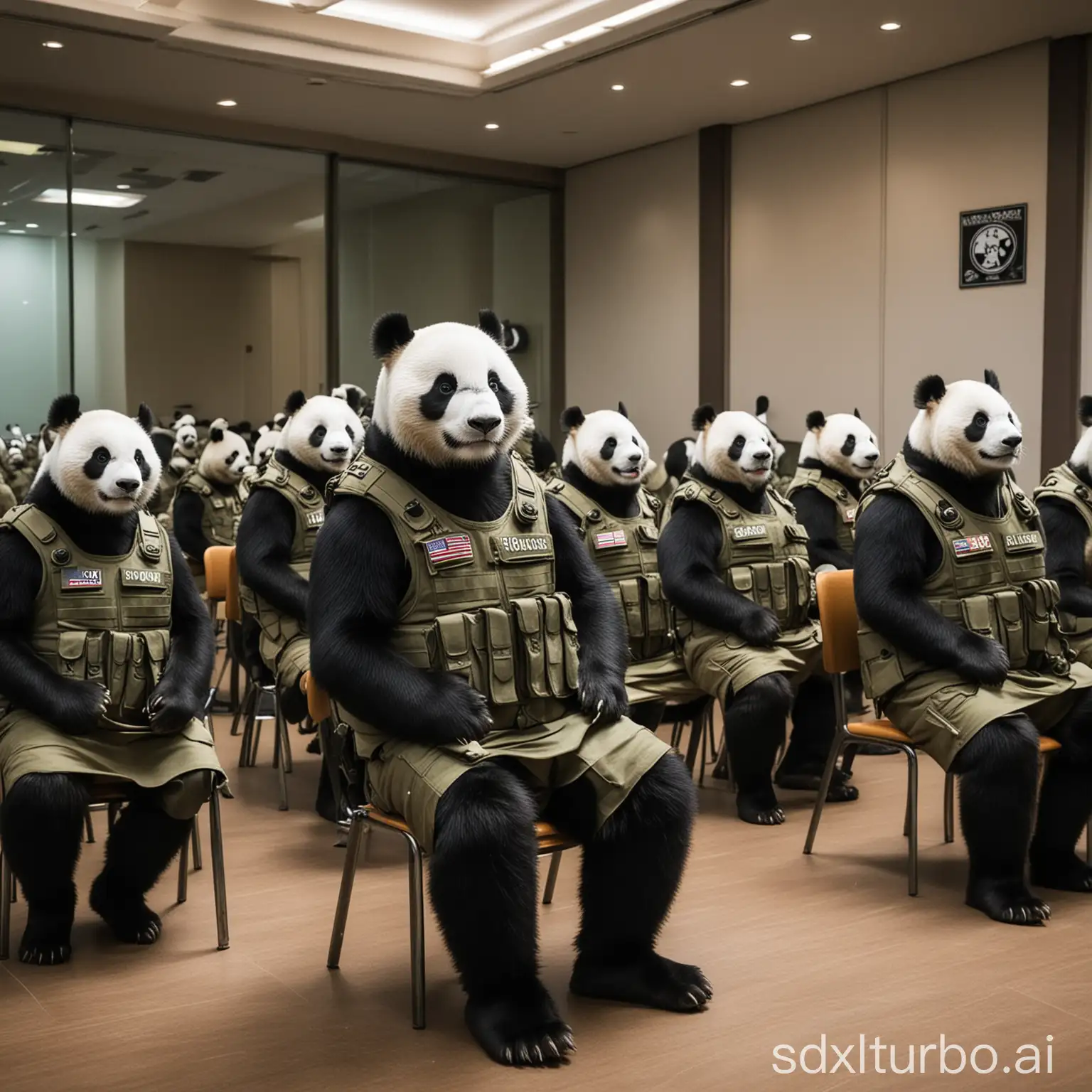 Many pandas wearing bulletproof vests sit in the war conference room