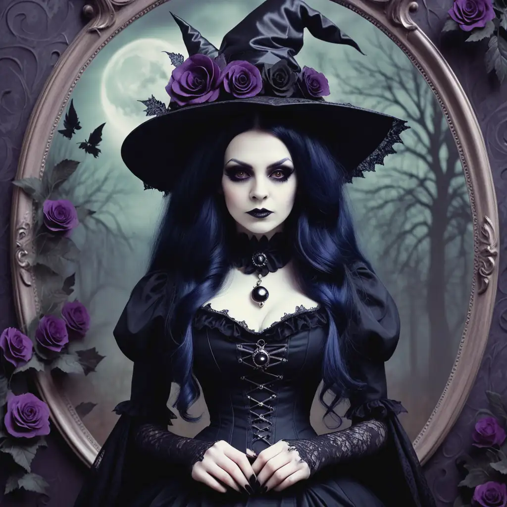 beautiful goth victorian witch.  the background of the photo should be a floral pattern
