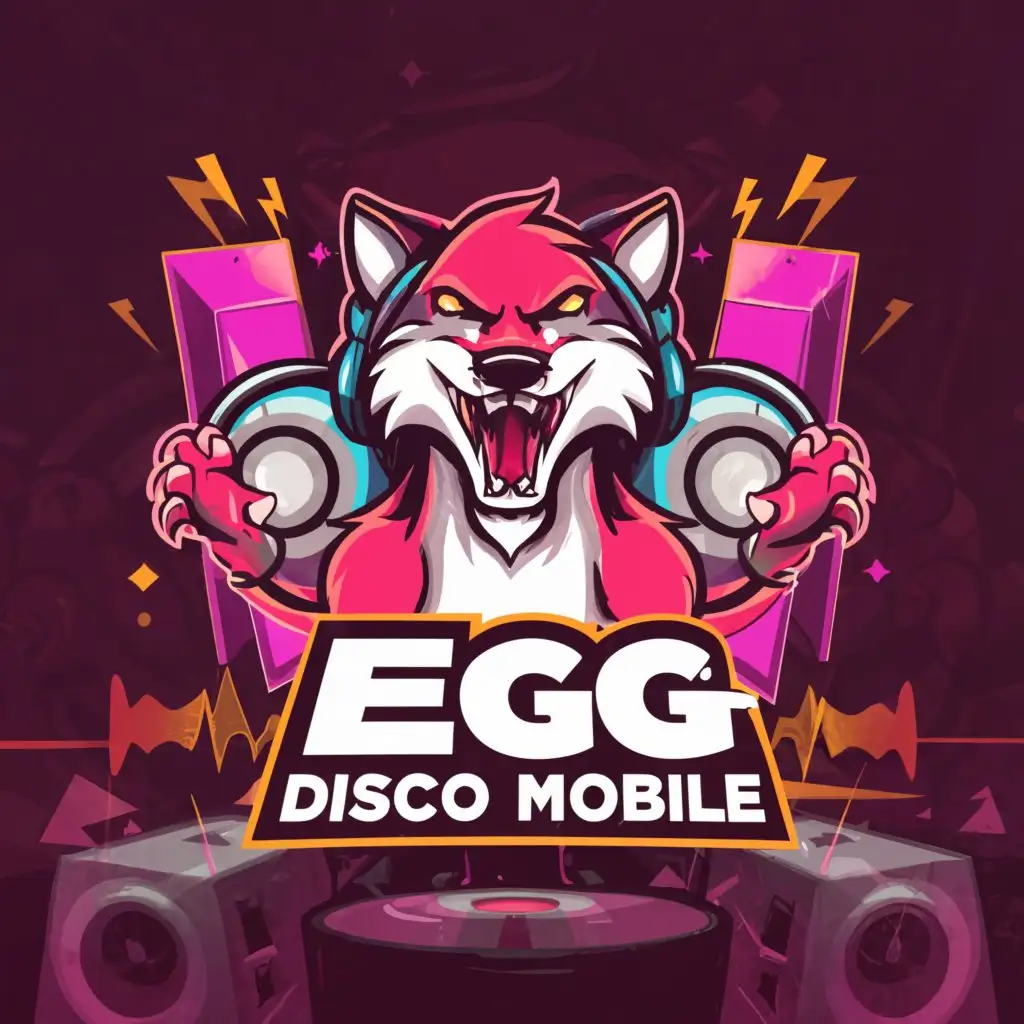 a logo design,with the text "EG disco mobile", main symbol:English
A WOLF DJ WEARING HEADPHONES SCREAMING WITH TWO SPEAKERS IN THE BACKGROUND,Moderate,be used in Others industry,clear background