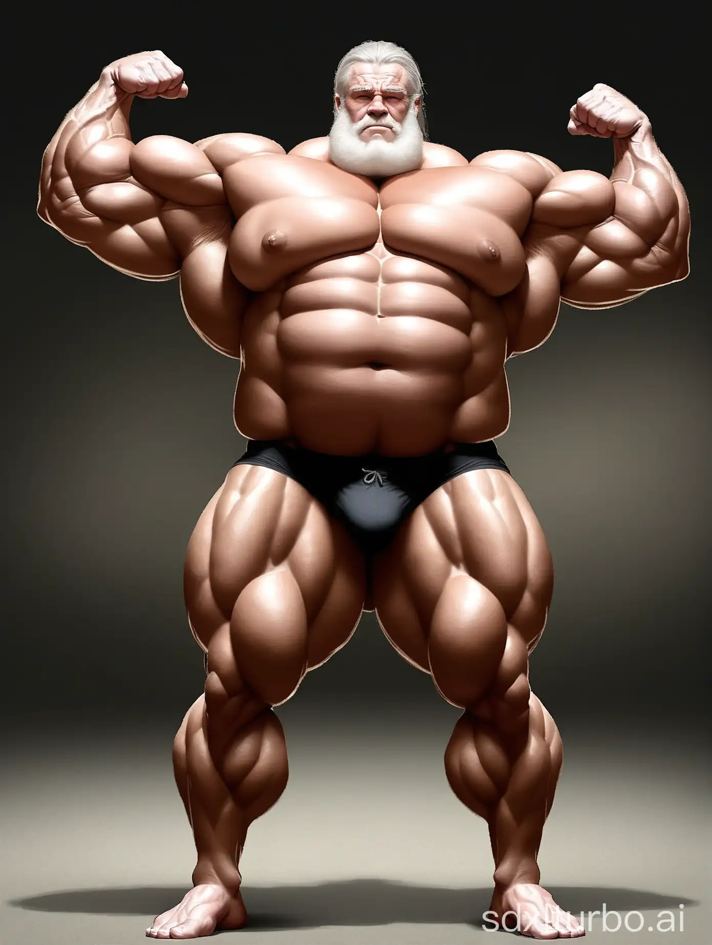 White skin and massive muscle stud，Huge and giant and Strong body，Very strong legs， 2m tall，very Big Chest，very Big biceps，very 8-pack abs，Very Massive muscle Body，Wearing underwear，he is giant tall，very fat，very fat，Full Body，very long strong legs， raise his arms to show his huge biceps ，raise his arms to show his huge biceps，very old man，long hair，very thick muscles，very thick body，
