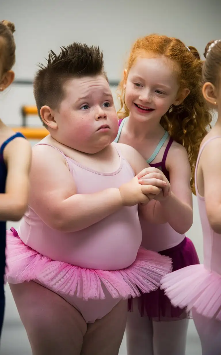 Gender role-reversal, Photograph of a obese British boy age 8 with a cute face and short brown spiky hair shaved on the sides, the boy is nervous because he has been forced to put on a pink leotard and frilly tutu and join a ballet class to lose weight, but a cute little 6-year-old smiling girl with long curly ginger hair is being kind and making friends with the boy, the little girl is holding the boy’s hand which makes the boy slightly smile, adorable, perfect children faces, perfect faces, clear faces, perfect eyes, perfect noses, smooth skin,