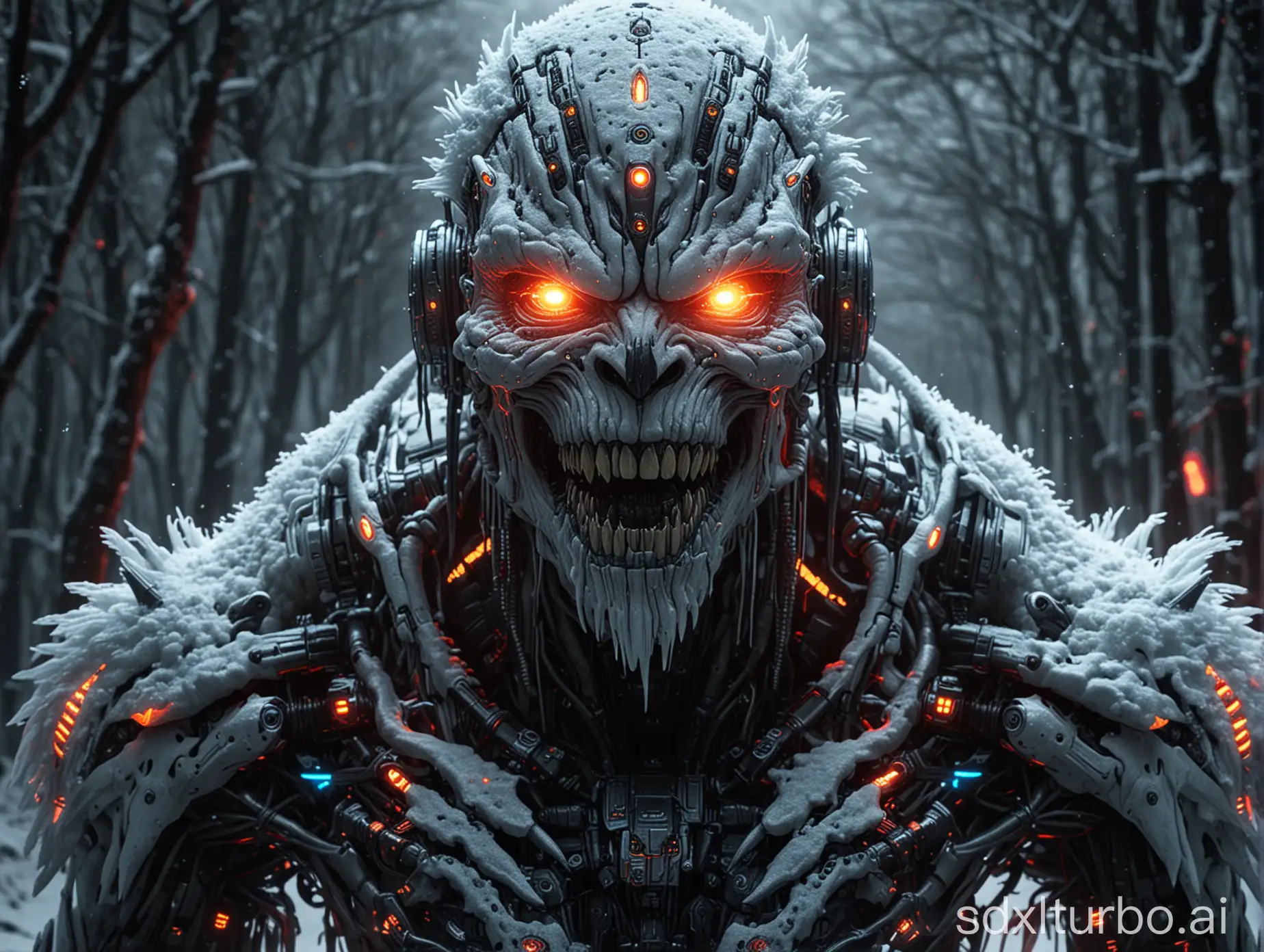 Horrible Terrifying Hyperrealistic cyberpunk Snow monster, cyborg with cybernetic implants glowing with neon cyberpunk colors, in a dark dystopian forest, blizzard, with long (needle-like teeth), fiery glowing eyes, sharp focus, intricate details, nighttime horror scene, framed perfectly, 8k, Cinema 4D render