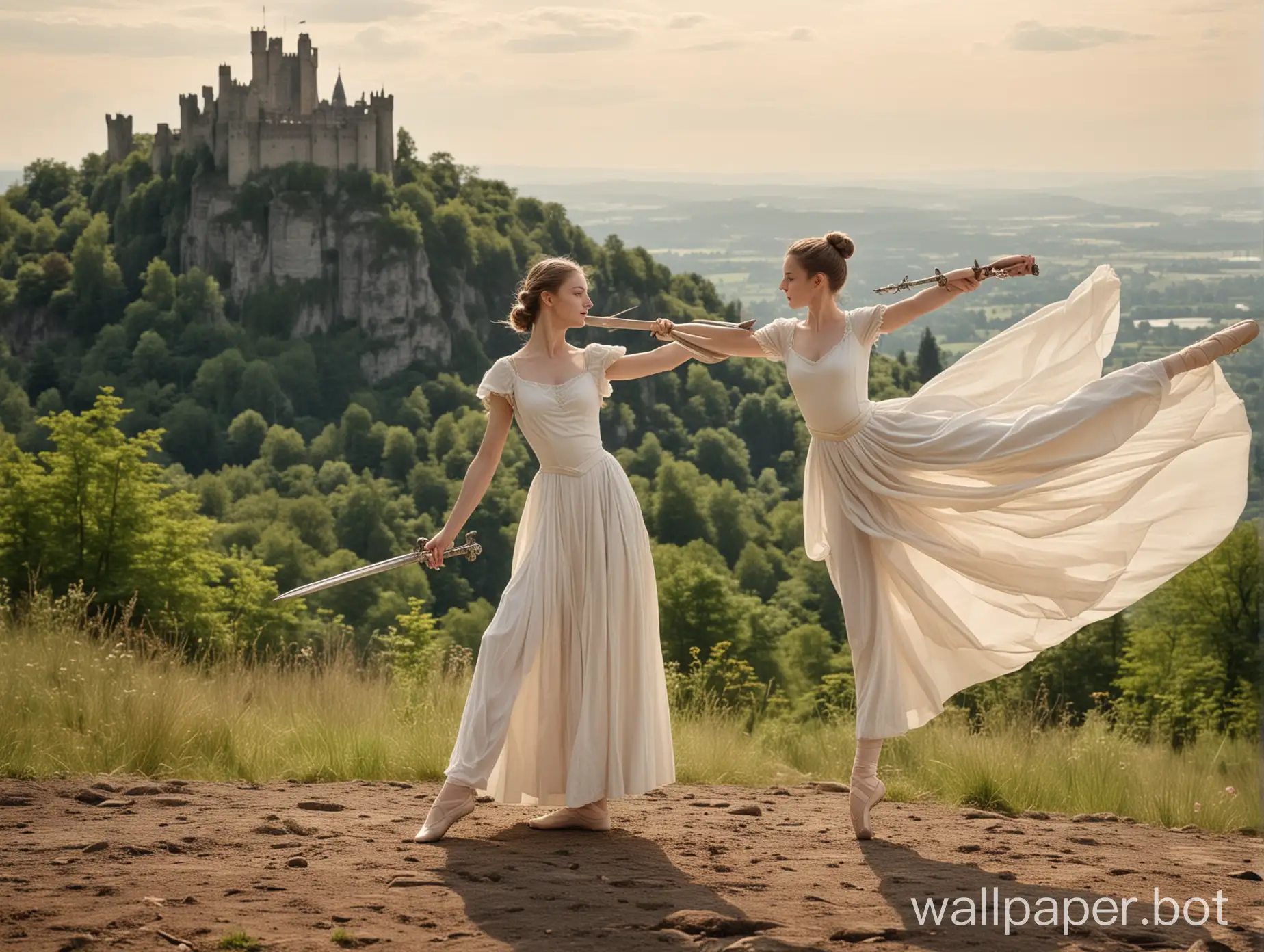 a Woman aged 25 in a long white gown, she is holding a sword. Standing beside her is a girl aged 15 in ballet attire and pointe shoes. There is a castle on a hilltop in the distance while the surounding area is a forest