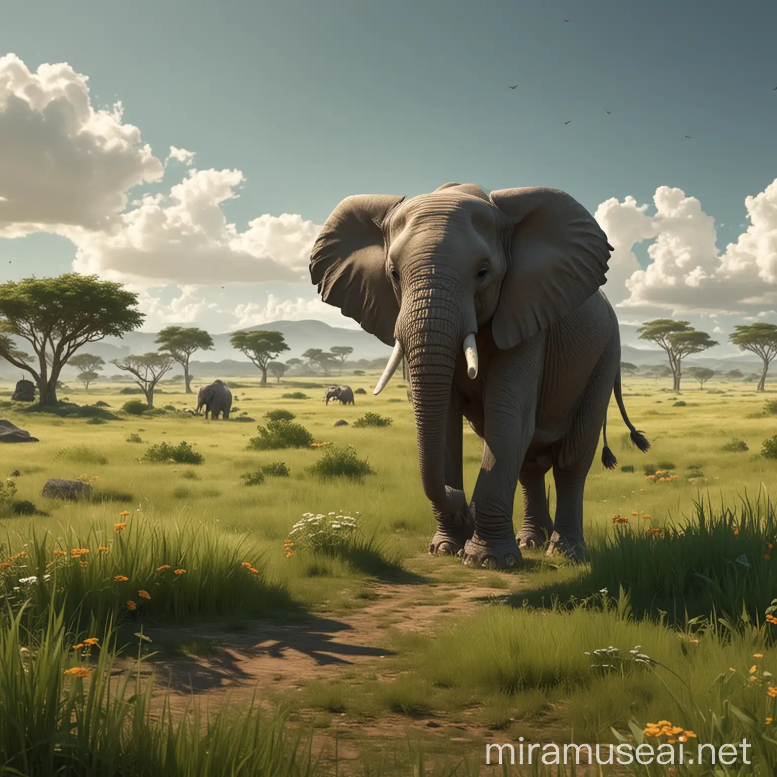 a kids animation, a grassland where an elephant is trumpeting