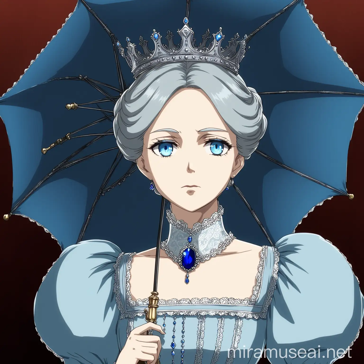 an old queen in Victorian style, she has an elegant ponytail, she has an elegant Victorian light blue dress, she has blue eyes, she has a little blue umbrella, she has a little silver crown on her head, she has a quiet evil look. in anime