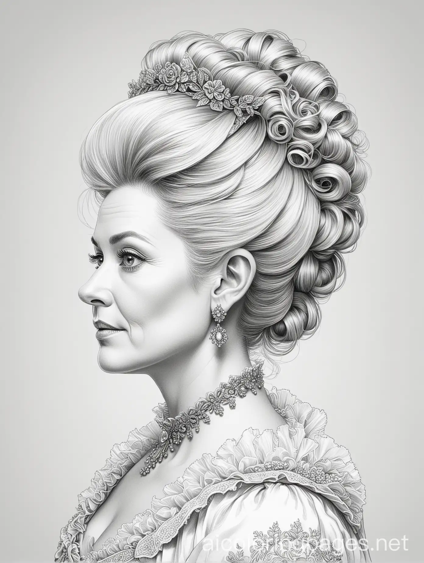portrait of an older woman looking away with a fancy Bridgerton updo and a fancy dress, Coloring Page, black and white, line art, white background, Simplicity, Ample White Space. The background of the coloring page is plain white to make it easy for young children to color within the lines. The outlines of all the subjects are easy to distinguish, making it simple for kids to color without too much difficulty