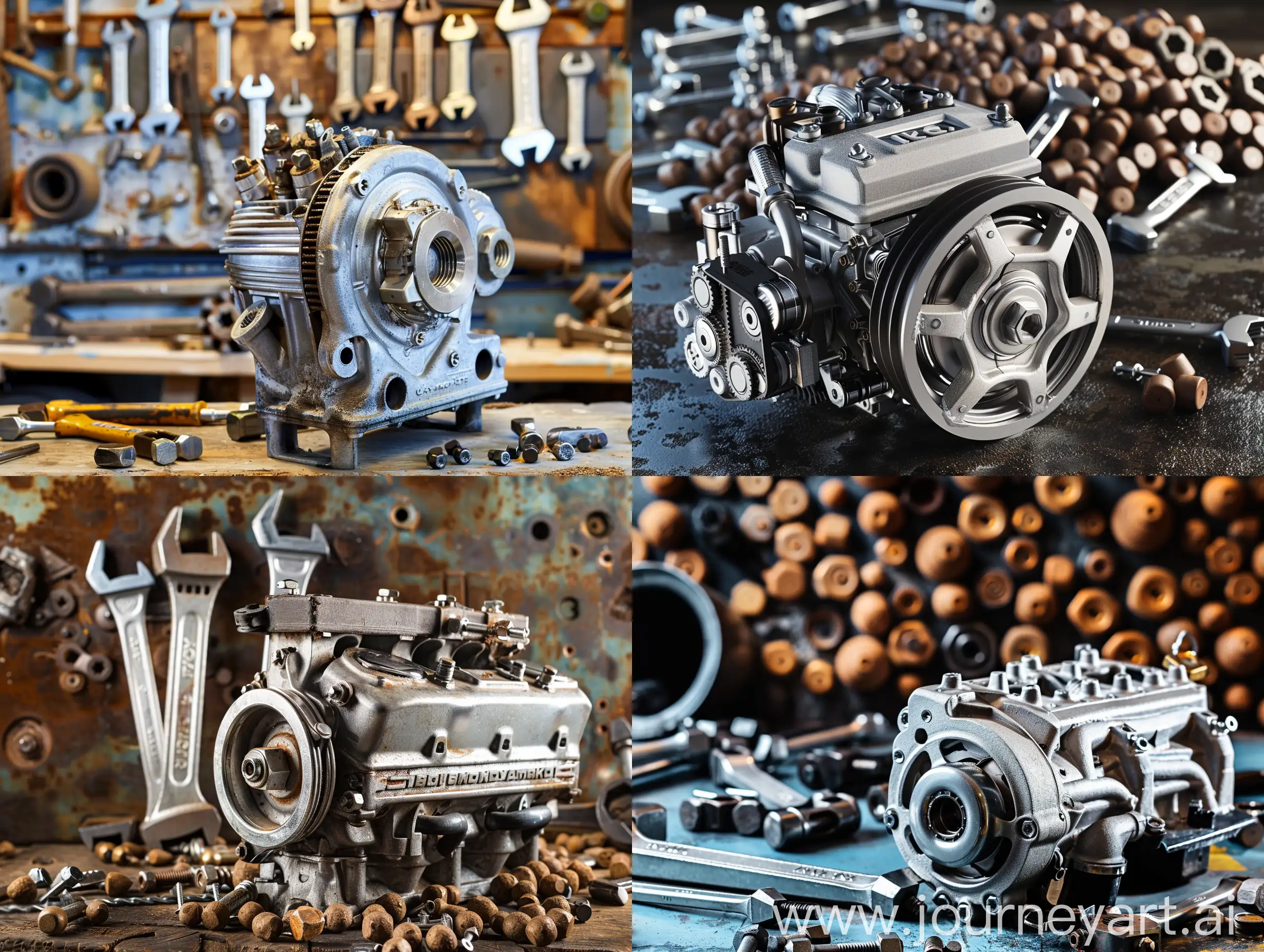 Mechanical-Engine-surrounded-by-Nuts-and-Wrenches