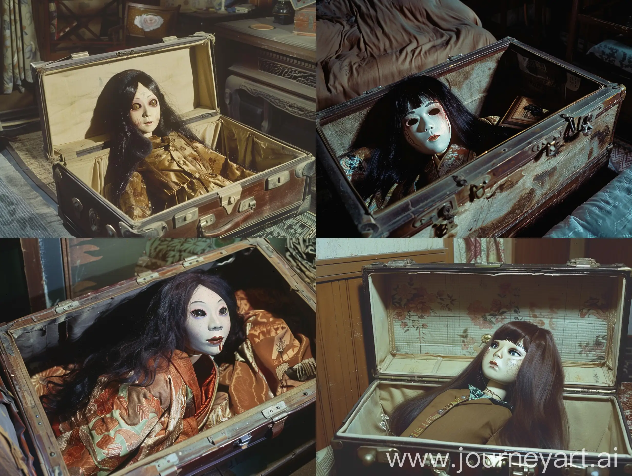 Cinematic panorama of the horror movie of japan in the late night, a yokai, Woman puppet in suitcase, She is characterized by a puppet analyzed as accessories placed inside an open suitcase, she has a beautiful face (emphasis on the texture of human skin on the face), long hair, gorgeous and fashionable clothing, and helpless eyes. Japanese 1970, In the room of old hotel, unsettling, curse