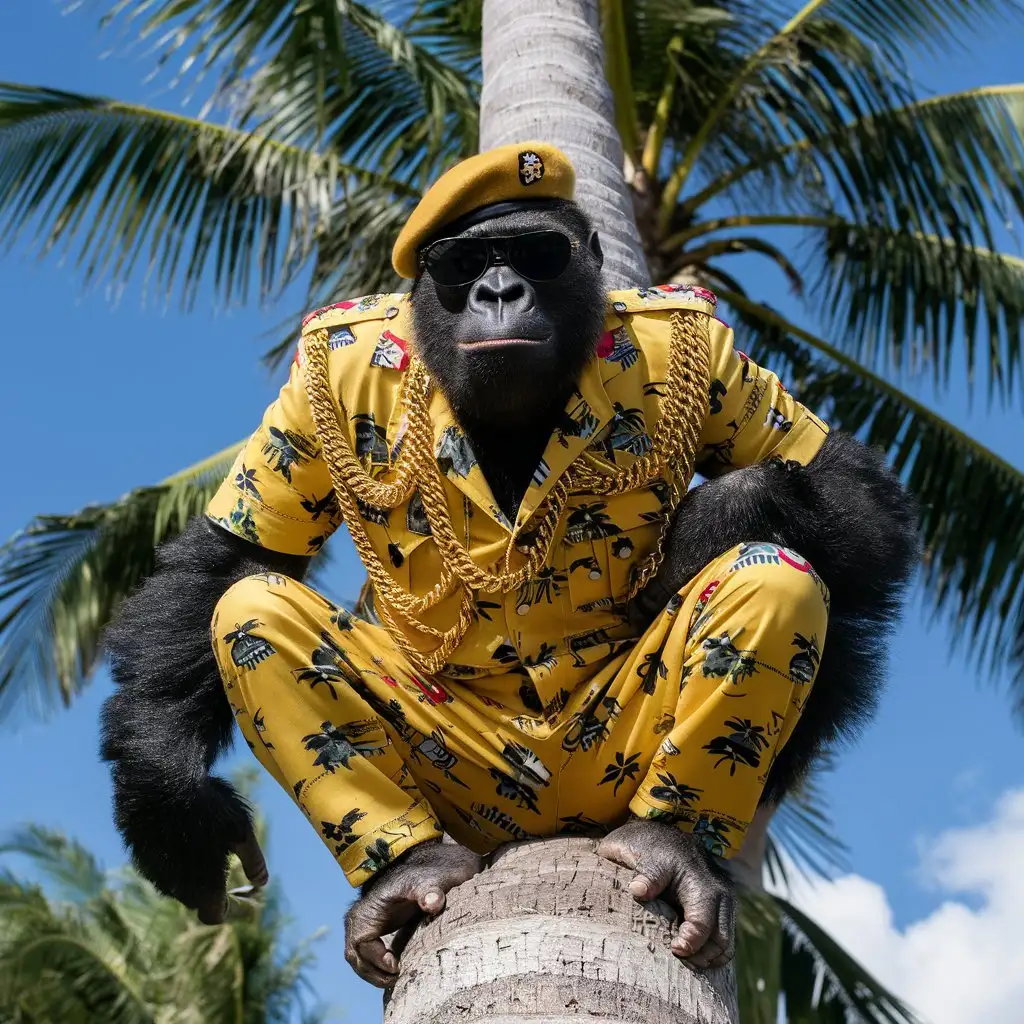 Gorilla in Yellow Hawaiian Military Attire with Ornaments and Palm Trees