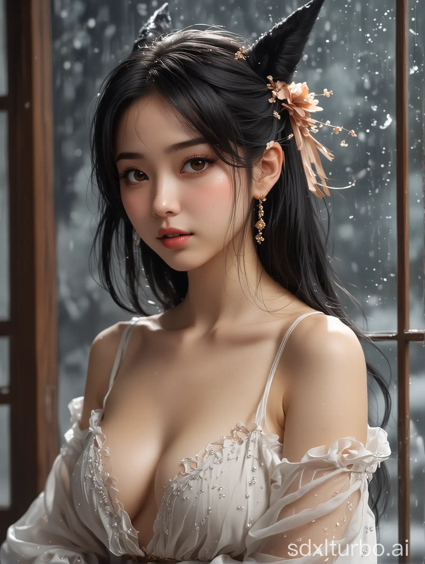 <lora:sanweihu:1>, sanweihu, 1girl, solo, black hair, long hair, hair ornament, pointy ears, naked, closed mouth, lips, bangs, brown eyes, bare shoulders, hair stick, china guzhuang, snowing, <lora:Freehand_Brushwork:0.2>, <lora:bg_imgs-10:0.4>, bg_imgs, <lora:sketch_style:0.2>, <lora:zyd232_InkStyle_v1_0:0.2>, ink sketch, <lora:add_detail:0.4>, (see-through:1.4), best quality , masterpiece, illustration, an extremely delicate and beautiful, extremely detailed, Amazing, finely detail, masterpiece, best quality, official art, extremely detailed CG unity 8k wallpaper, absurdres, incredibly absurdres, huge filesize , ultra-detailed, highres, extremely detailed, beautiful detailed girl, hips, legs, sitting on small plancon