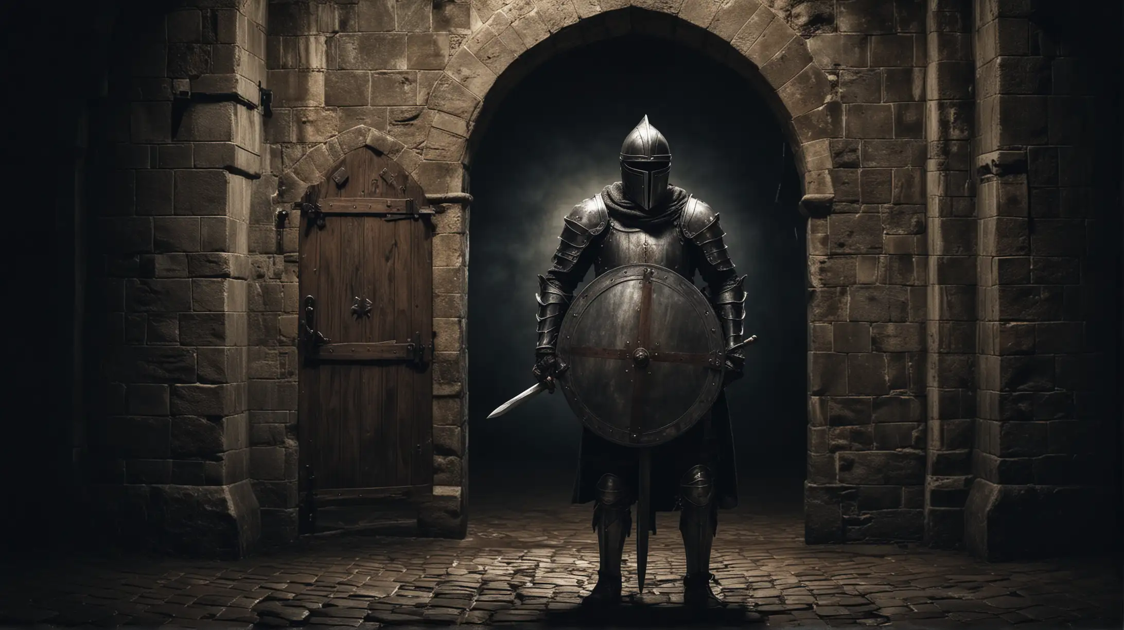 Medieval Knight Guarding Castle Door at Night