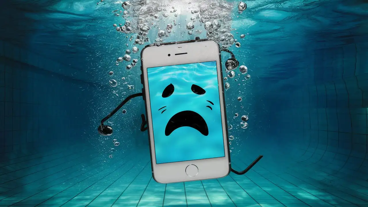 a smart phone in the pool with sad and sick face and is drowing and needs rescue.